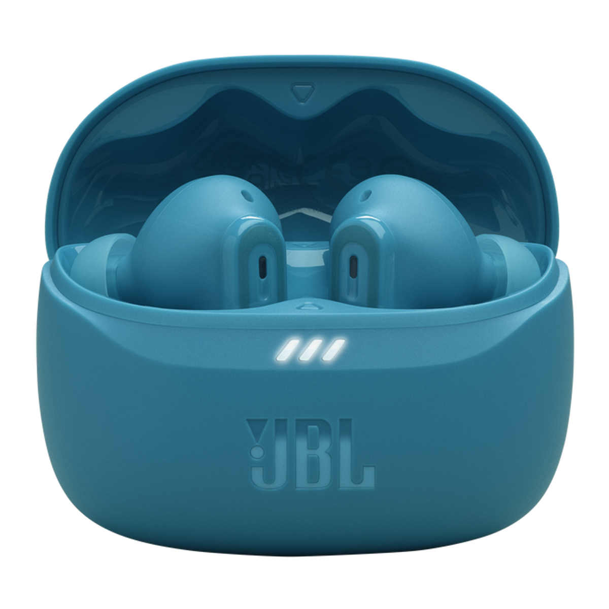 Blaue JBL-Ohrhörer in ihrem Etui, mit dem JBL-Logo auf dem Etui sichtbar.