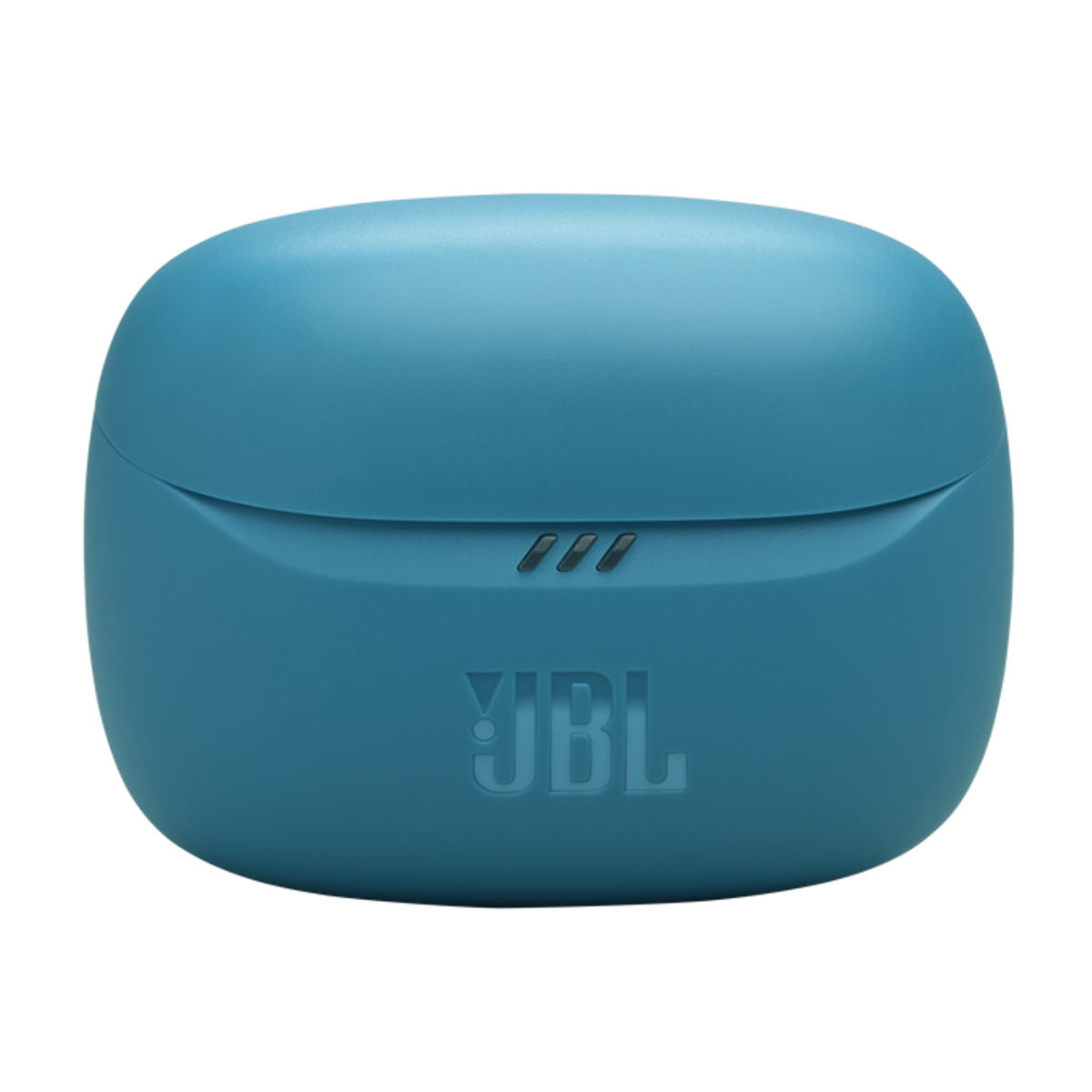 Blaue Ohrhörerhülle mit JBL-Logo auf schwarzem Untergrund. Die Hülle ist geschlossen.