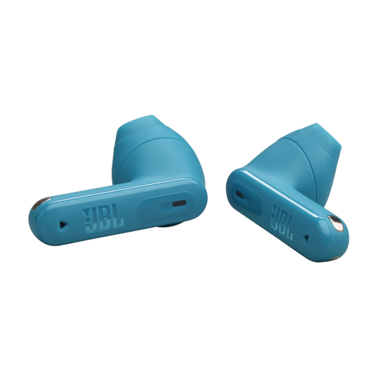 Two blue JBL earbuds on a black background.