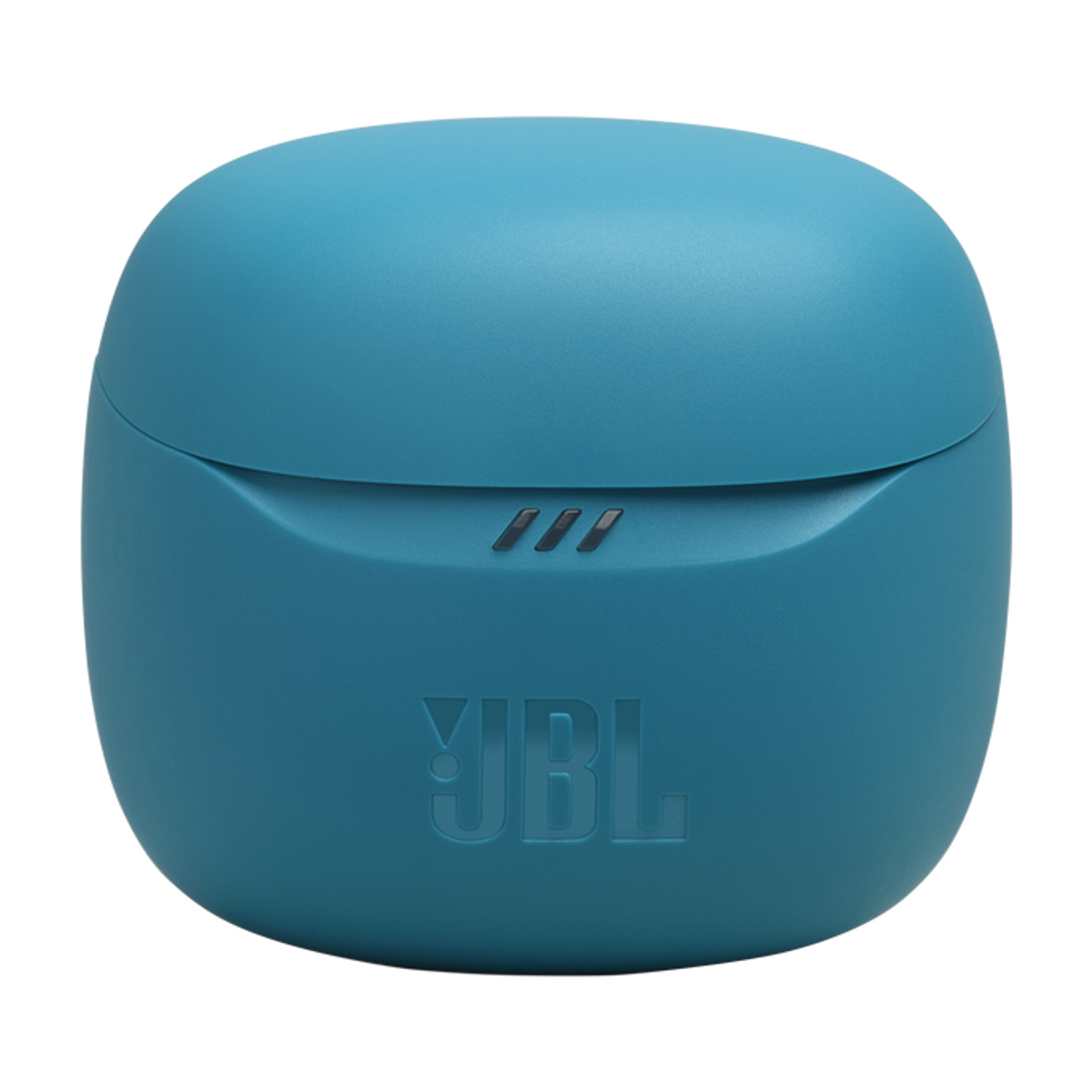 A blue JBL earbud case. The case is closed and has three small, silver lines.