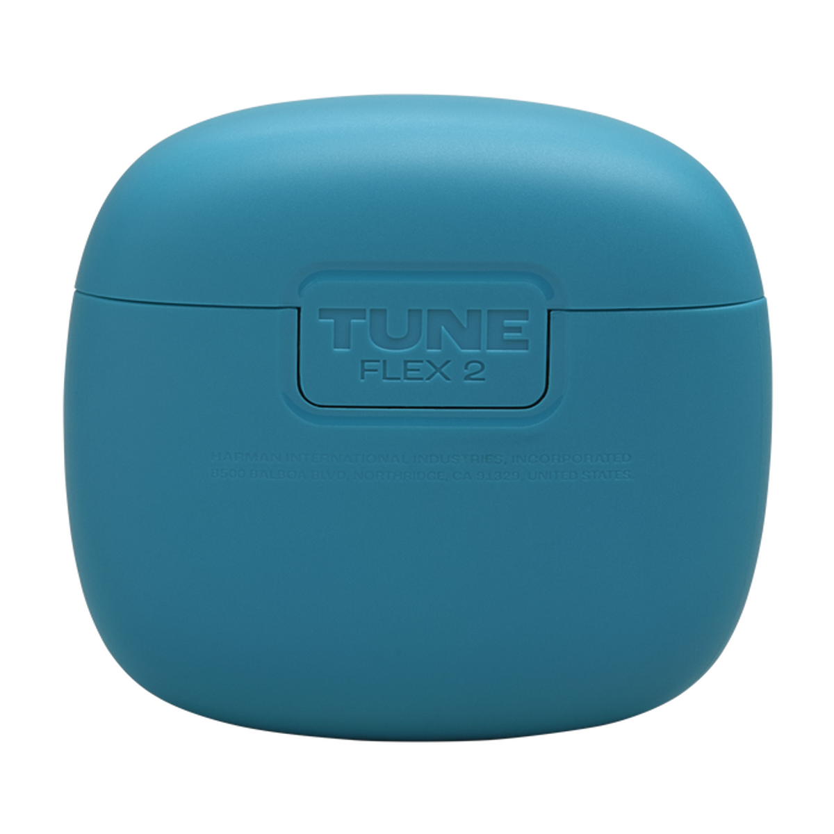Teal, rounded case with 'TUNE FLEX 2' on top. Text below: Harman International Industries, Incorporated.