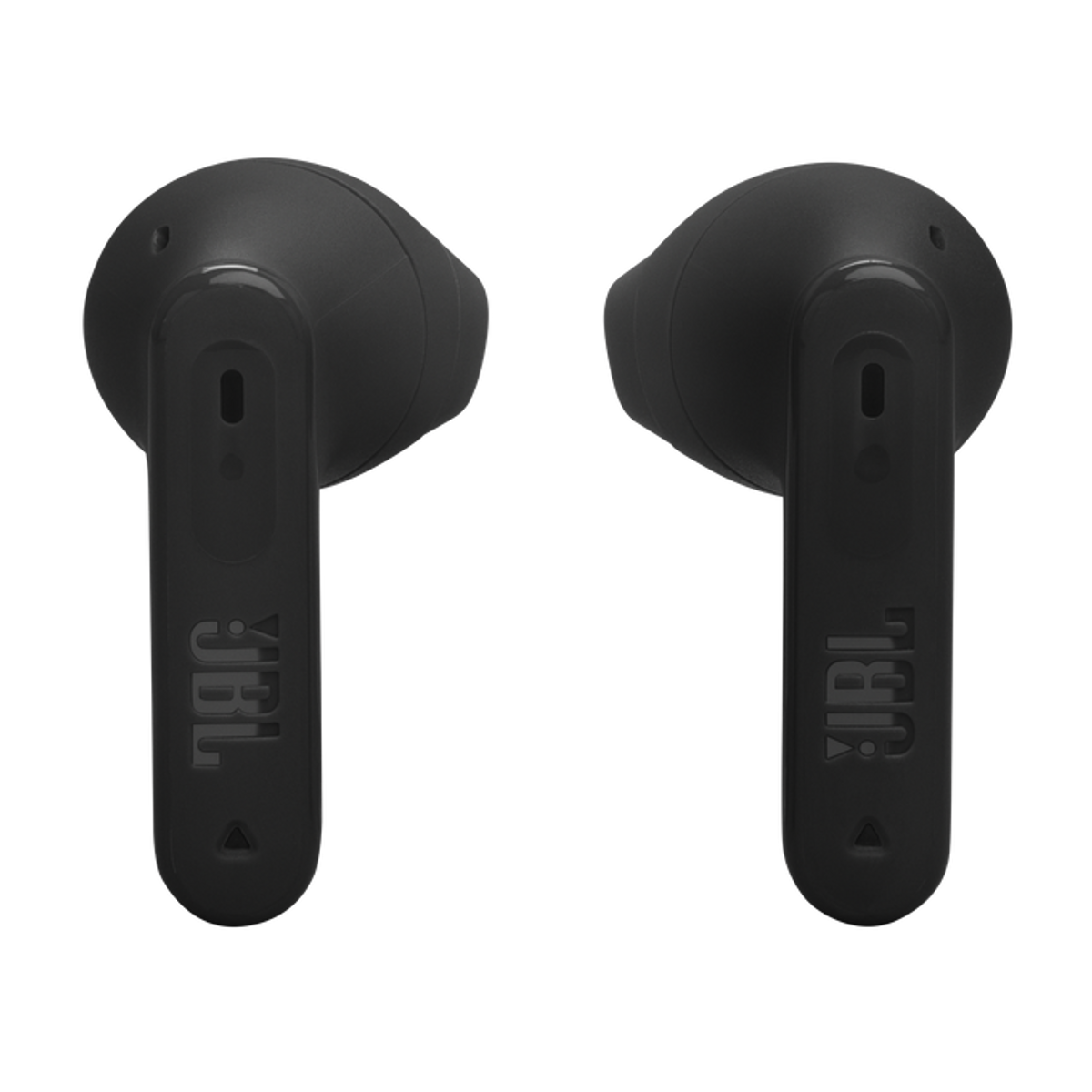 Due auricolari JBL neri con sfondo nero. Ognuno ha il logo JBL sullo stelo.