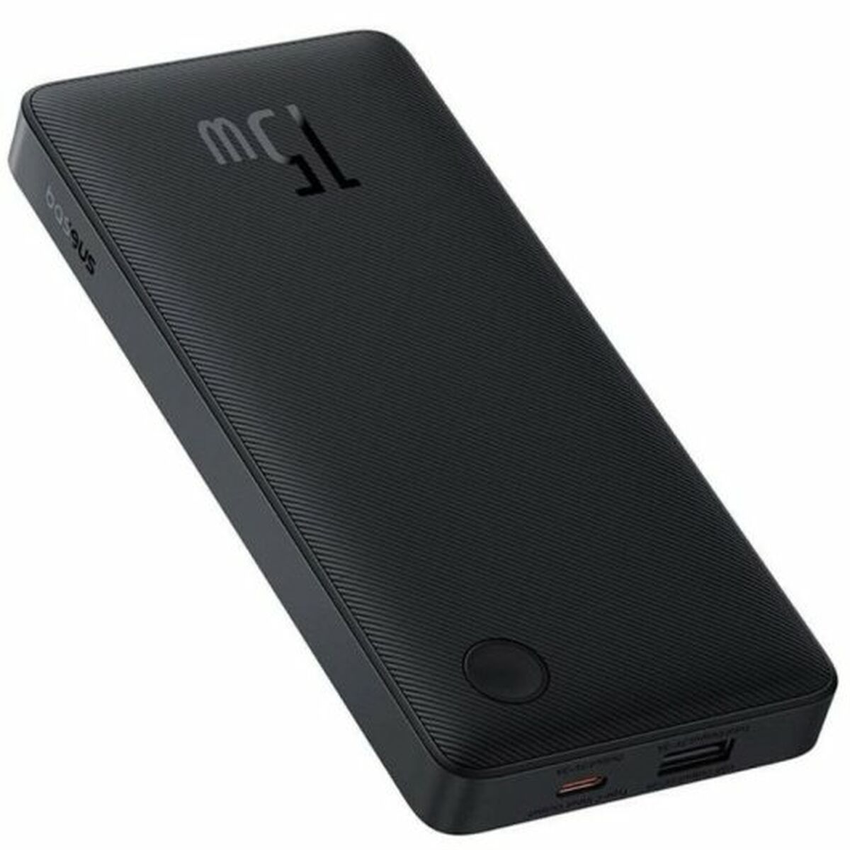 Un power bank Baseus negro con una etiqueta de 75w sobre un fondo blanco.