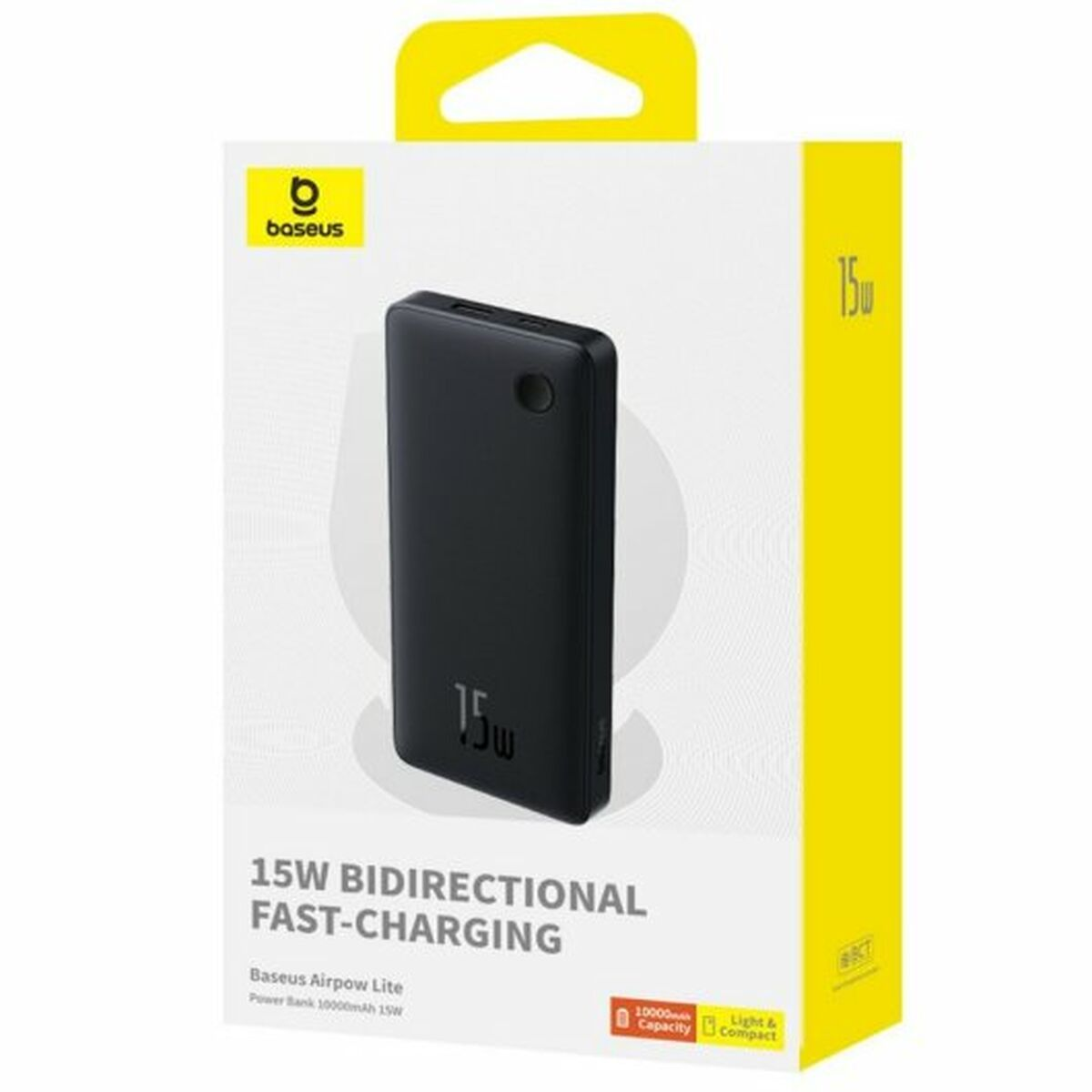 Power bank nero in confezione. Scatola bianca e gialla con testo e marchio.
