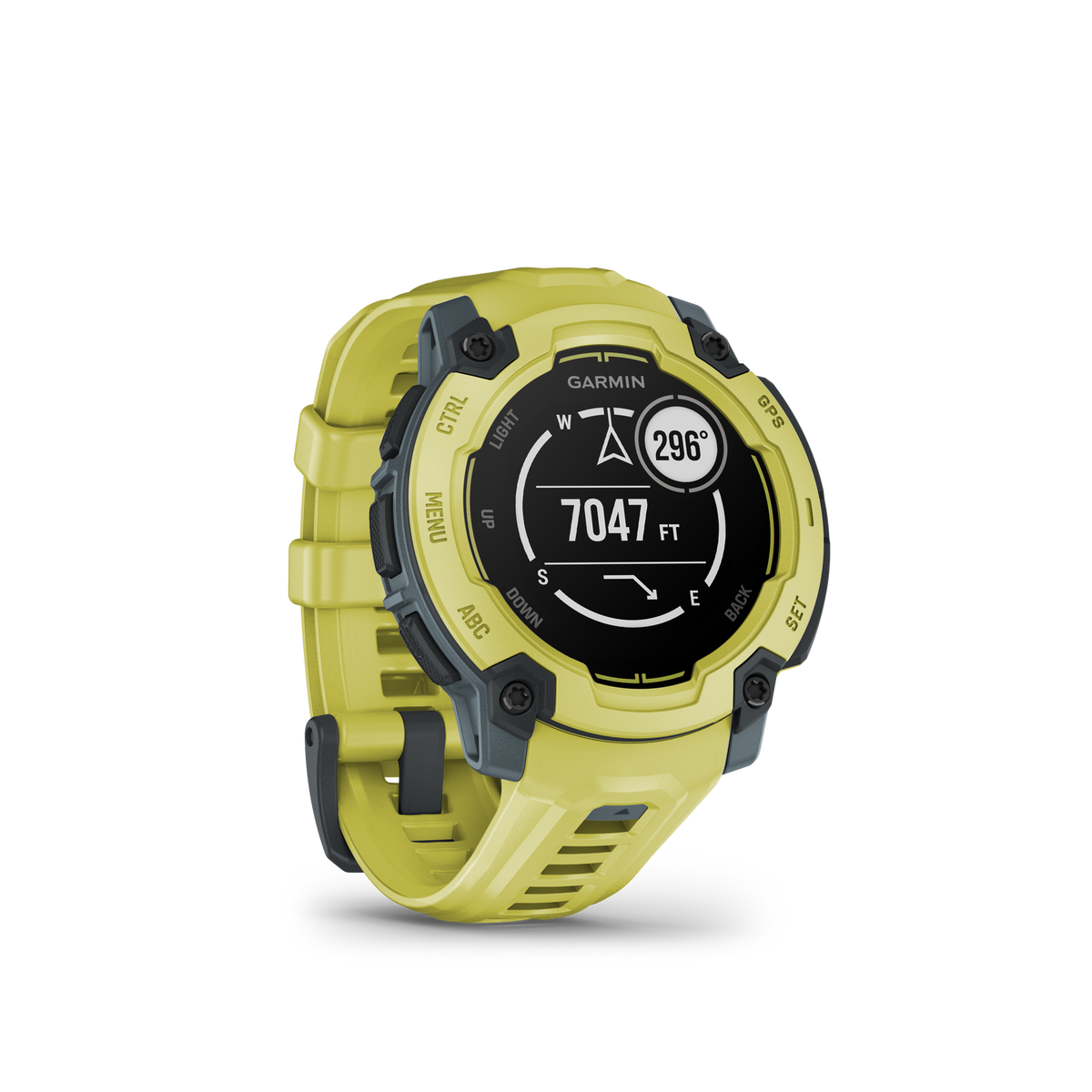 Żółty zegarek Garmin z przyciskami i wyświetlaczem pokazującym wysokość i kierunek.