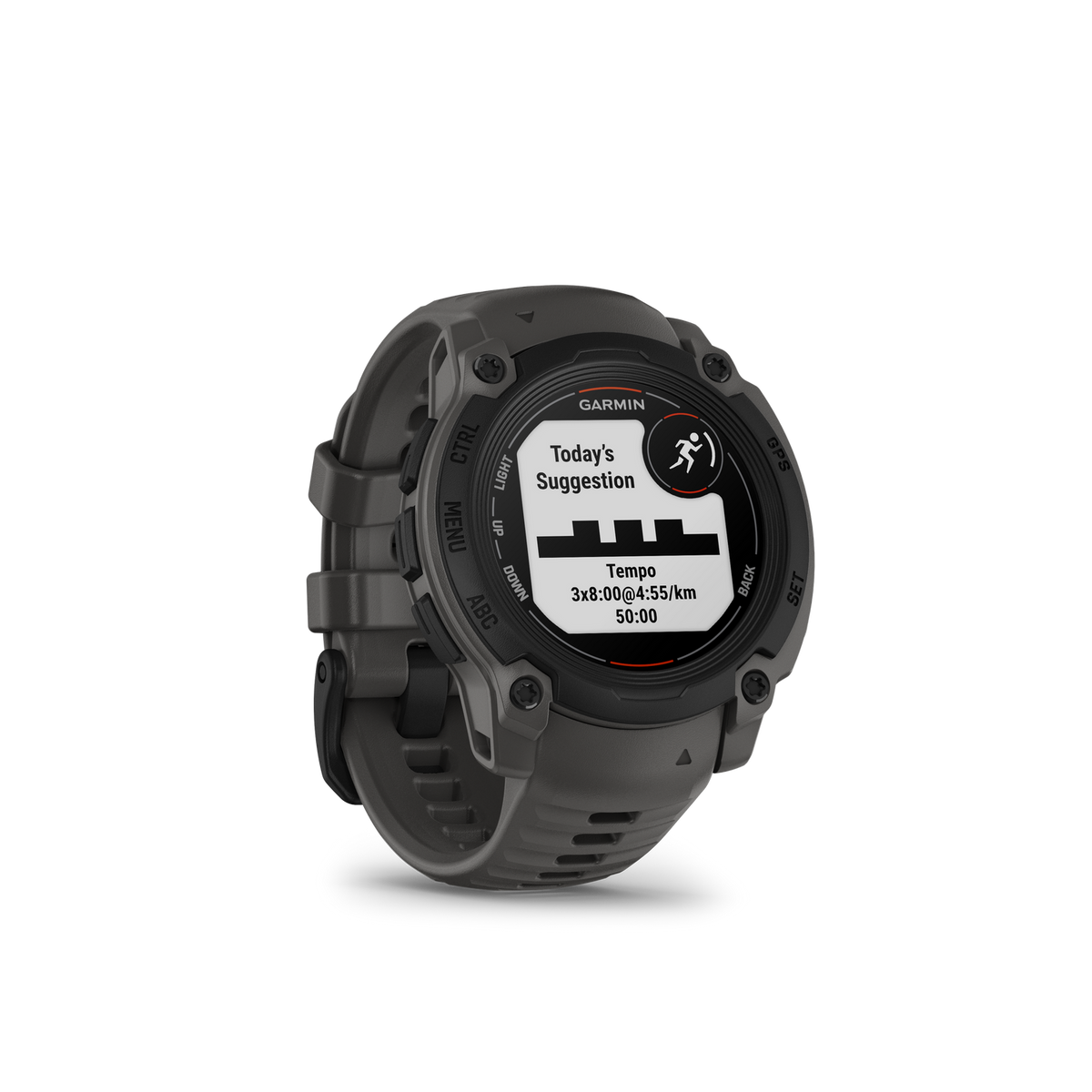 Eine Garmin Sportuhr auf schwarzem Hintergrund. Die Uhr zeigt einen Trainingsvorschlag an.