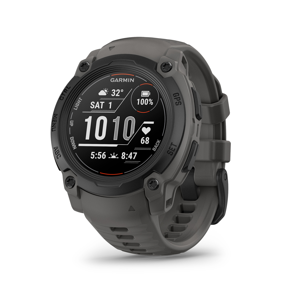 Eine graue Garmin-Uhr zeigt Zeit, Datum und Akkulaufzeit an. Sie hat Knöpfe und ein Armband.