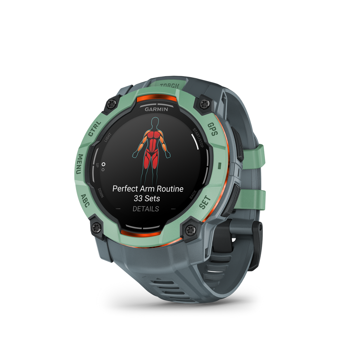 Smartwatch z zieloną ramką pokazujący rutynę fitness z diagramem ciała i zestawami ćwiczeń na ekranie.