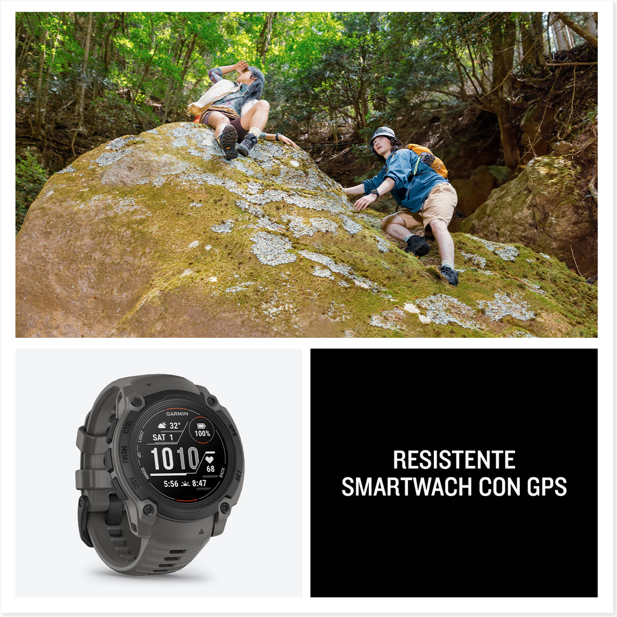 Zwei Personen auf einem Felsen, eine klettert einen anderen Felsen. Eine Smartwatch unten links, Text rechts.