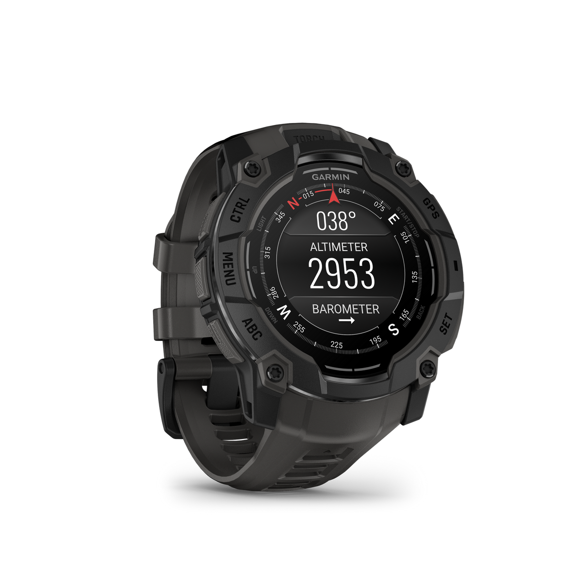 Garmin horloge met hoogtemeter, barometer en kompas. Zwart-grijs kleurenschema.