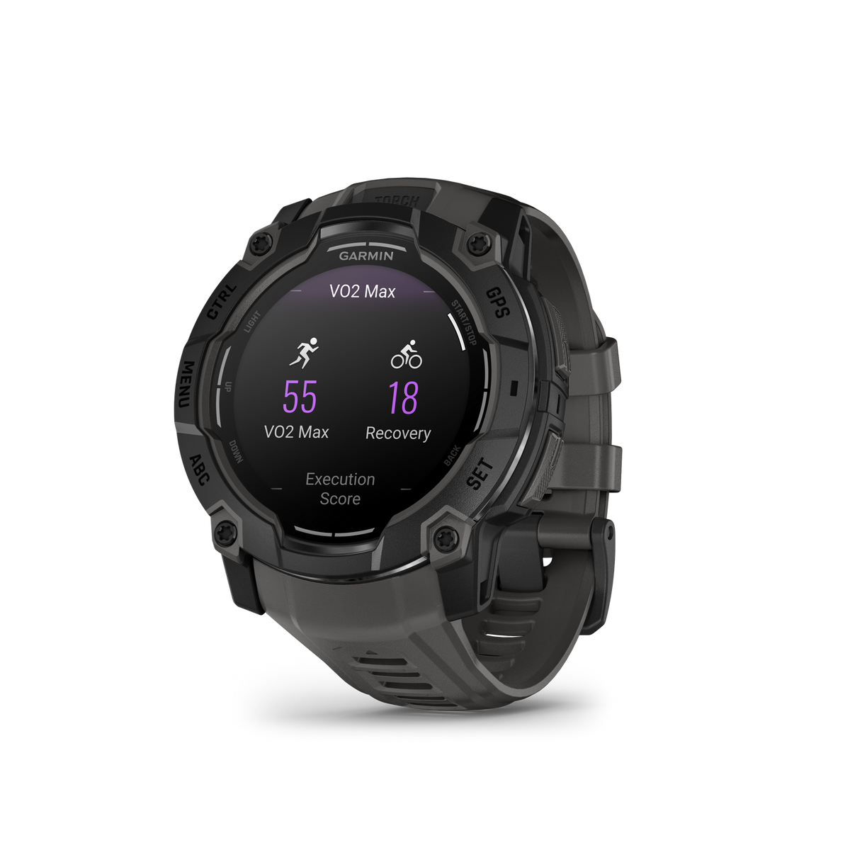 Zwart Garmin horloge met een donkergrijze band. Het horloge toont statistieken: VO2 Max, hartslag en score.