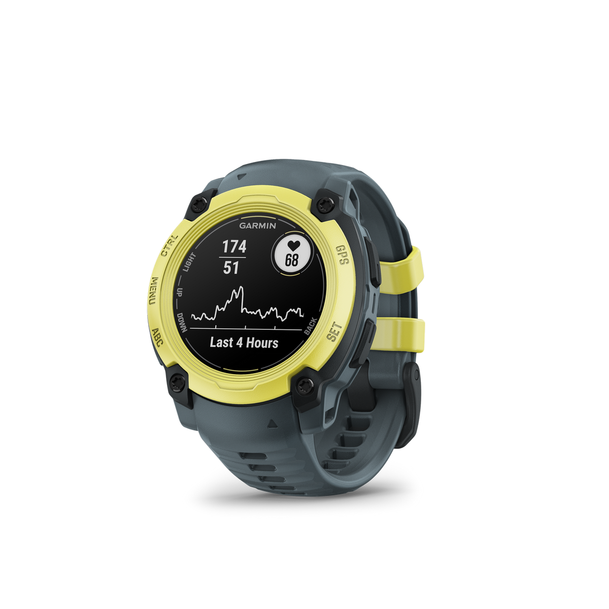 Eine Smartwatch mit grauem Gehäuse und gelben Akzenten, auf schwarzem Grund.