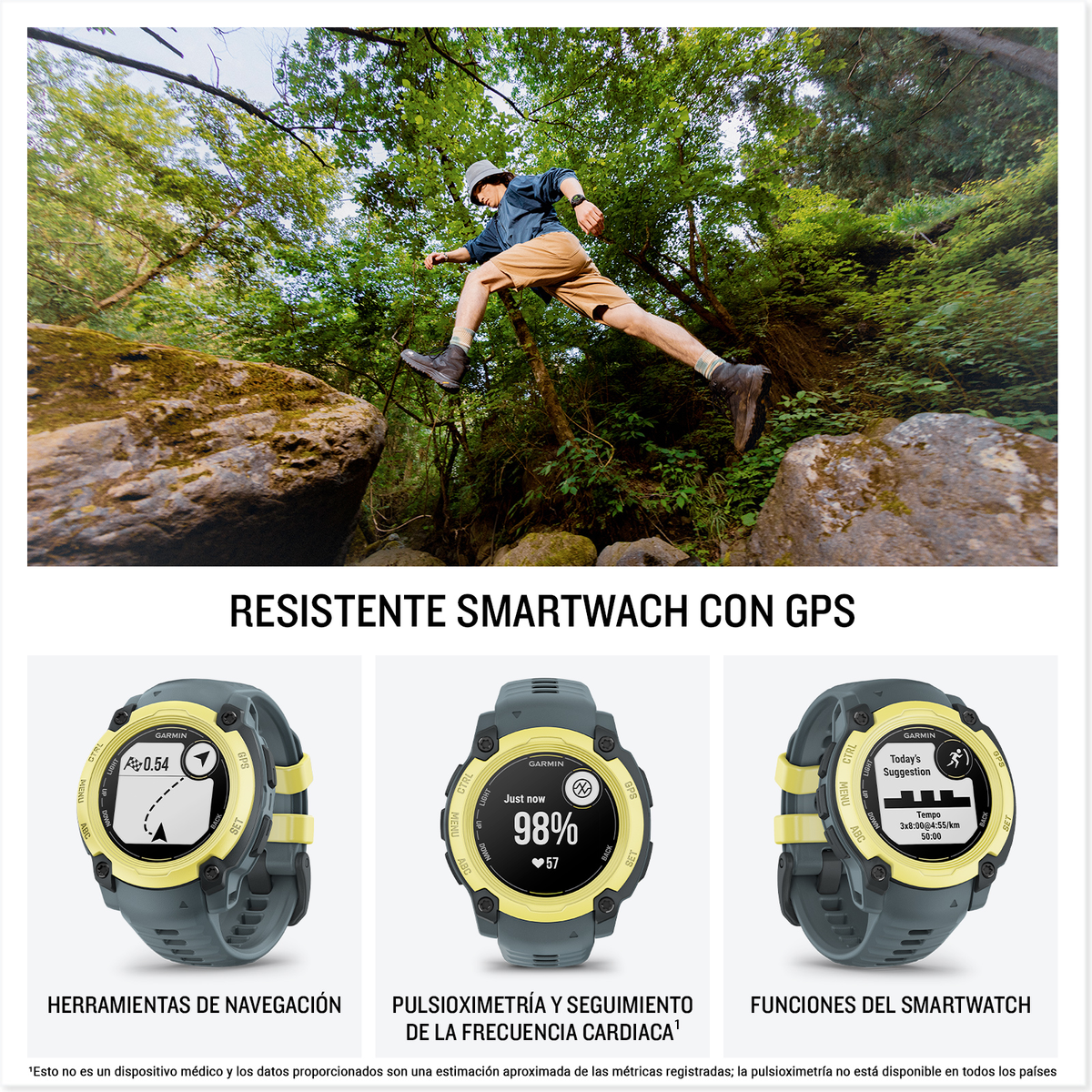 Ein Mann springt über Felsen. Darunter werden drei Smartwatches mit verschiedenen Anzeigen gezeigt. Text auf Spanisch ist ebenfalls vorhanden.