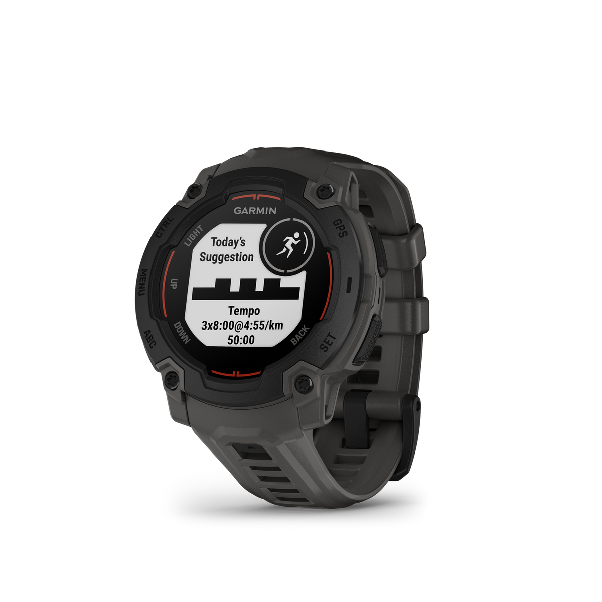 Garmin-Uhr mit schwarzem und grauem Design. Der Bildschirm zeigt Trainingsmetriken auf schwarzem Hintergrund.