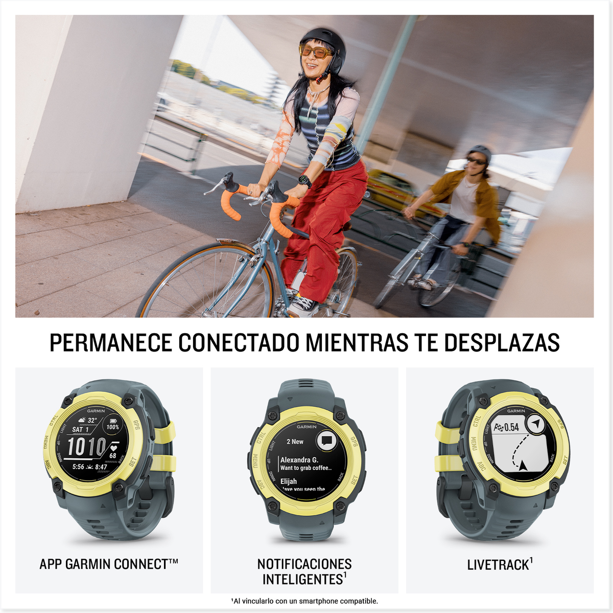 Radfahrer, mit Garmin-Smartwatches. Uhren zeigen Zeit und Benachrichtigungen. Textüberlagerung.