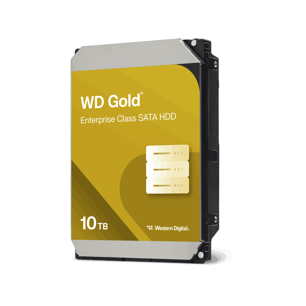 Dysk twardy SATA HDD WD Gold Enterprise Class. Ma żółty przód z logo i czarne tło.