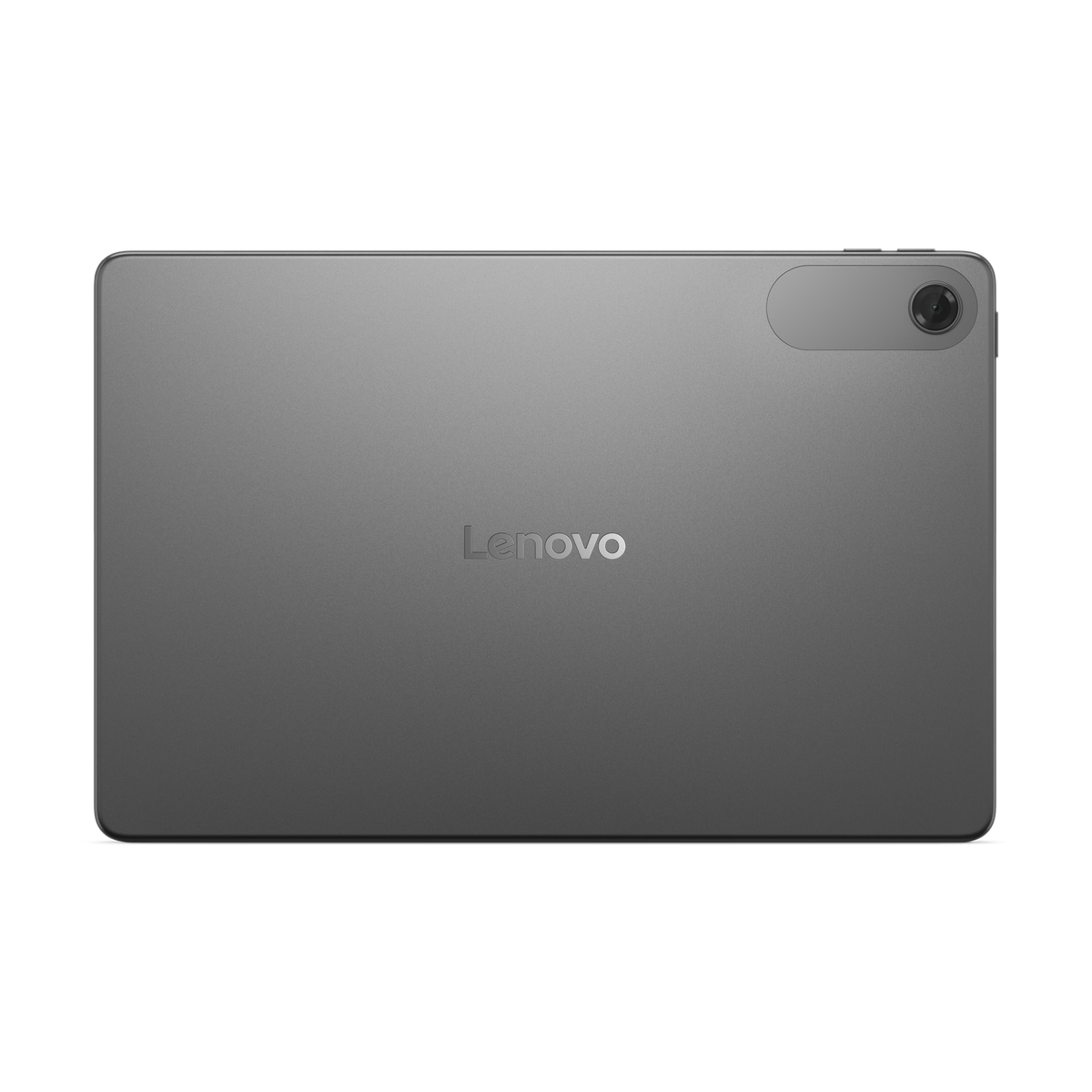 Tył szarego tabletu Lenovo, z aparatem i logo Lenovo.