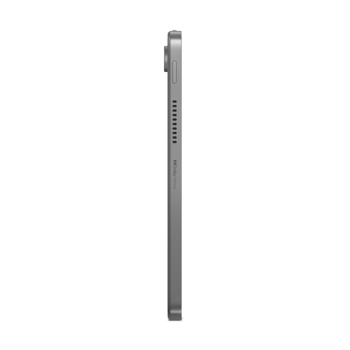 Widok z boku szarego tabletu, pokazujący przyciski zasilania i głośności.