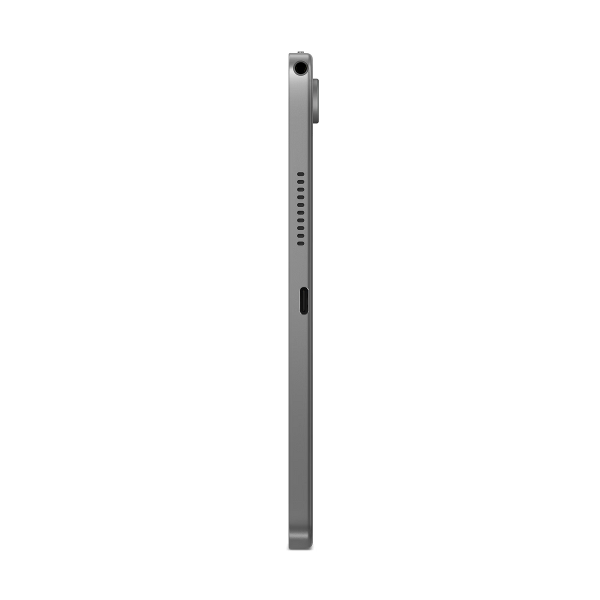 Widok z boku szarego tabletu, pokazujący jego port ładowania i przycisk.