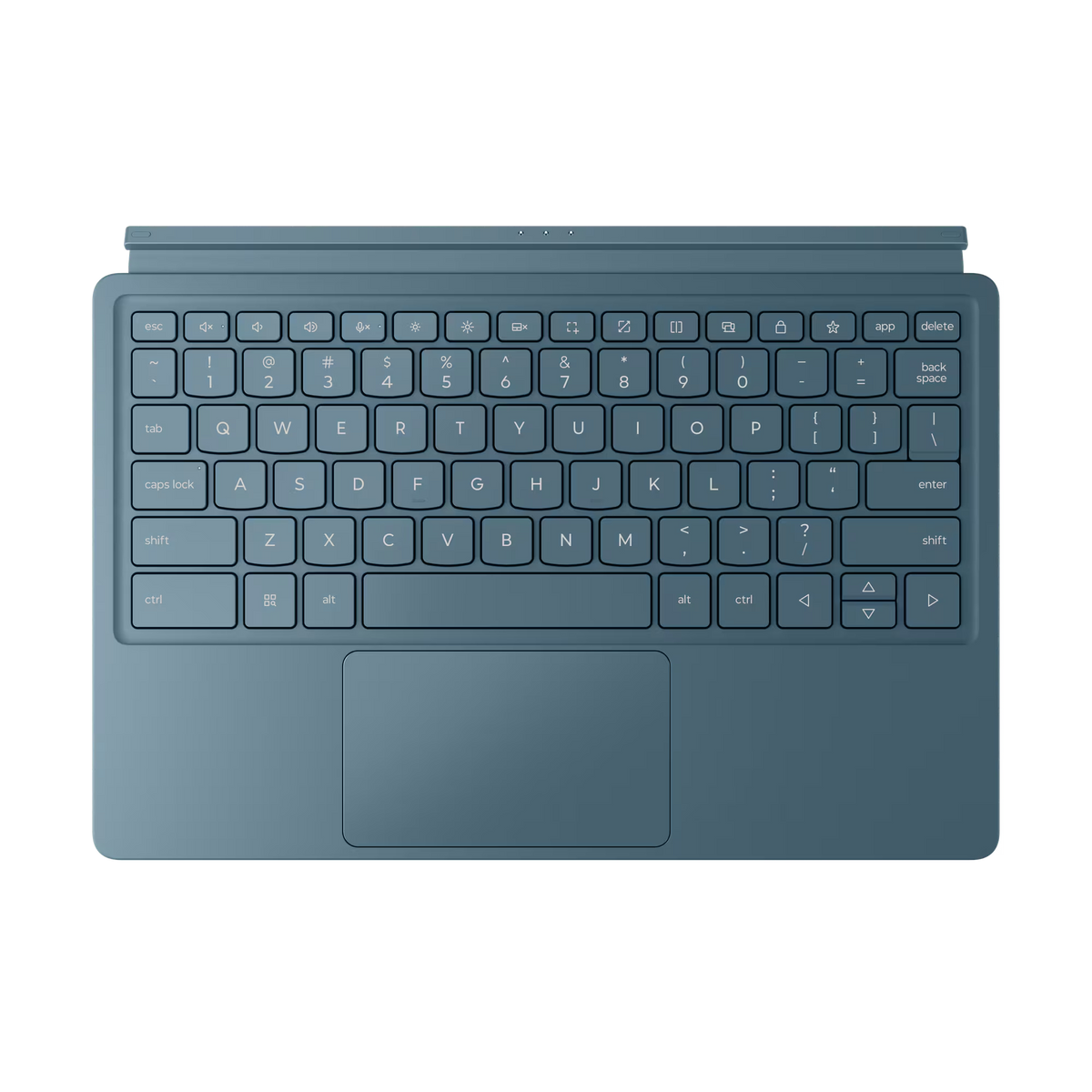 Una tastiera Lenovo blu con un trackpad viene mostrata su uno sfondo nero.