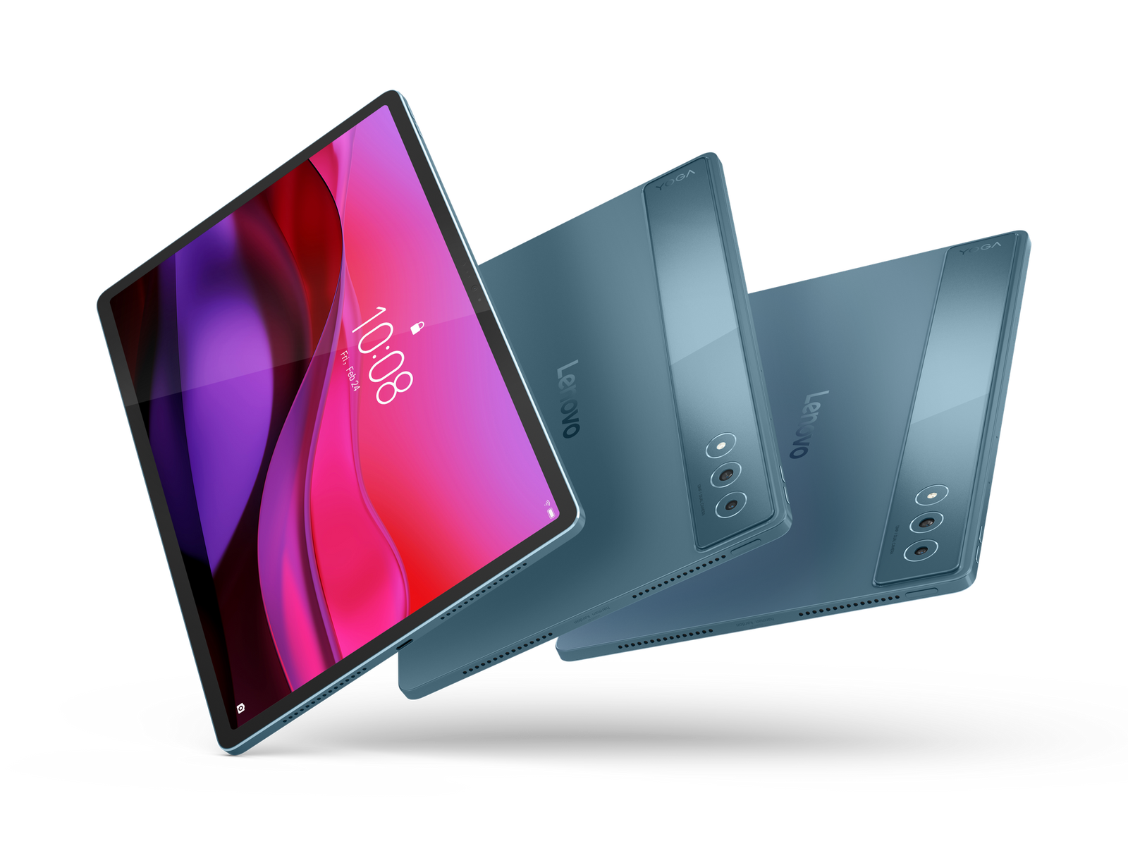 Tre tablet Lenovo blu sono mostrati a diverse angolazioni, uno mostra l'ora 10:08.