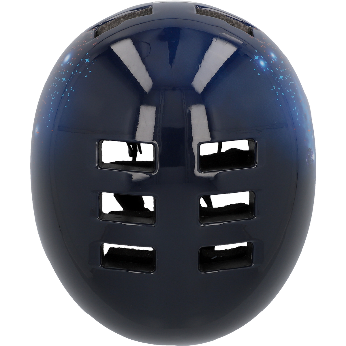 Dunkelblauer Helm mit Sternenhimmel-Design, sechs Belüftungslöchern.