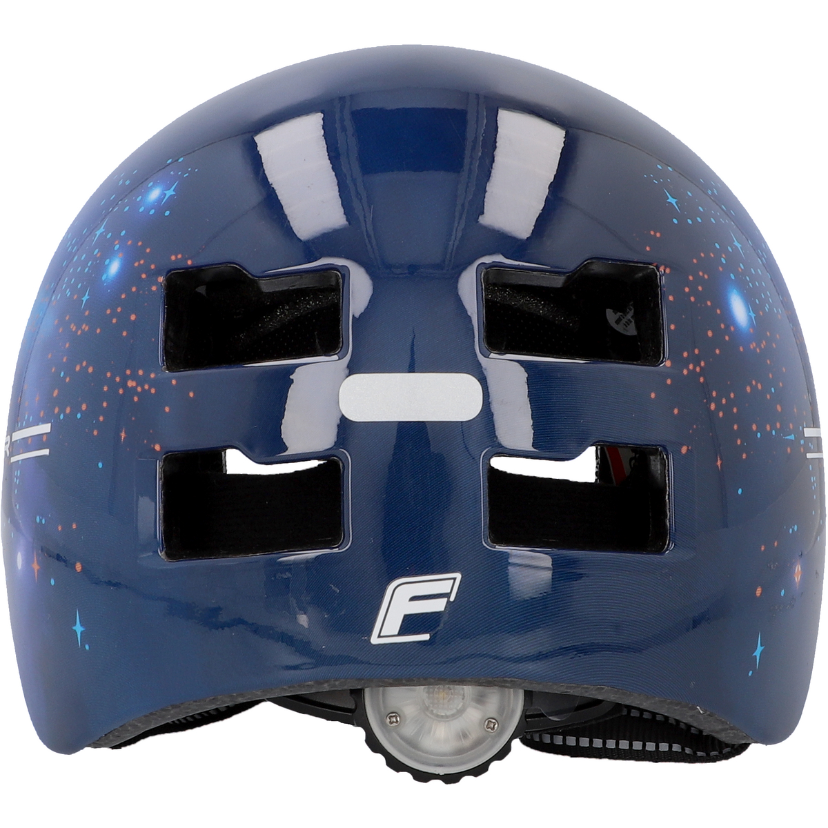 Blauer Helm mit Nachthimmel-Design. Verfügt über Belüftungsöffnungen und ein Rücklicht.