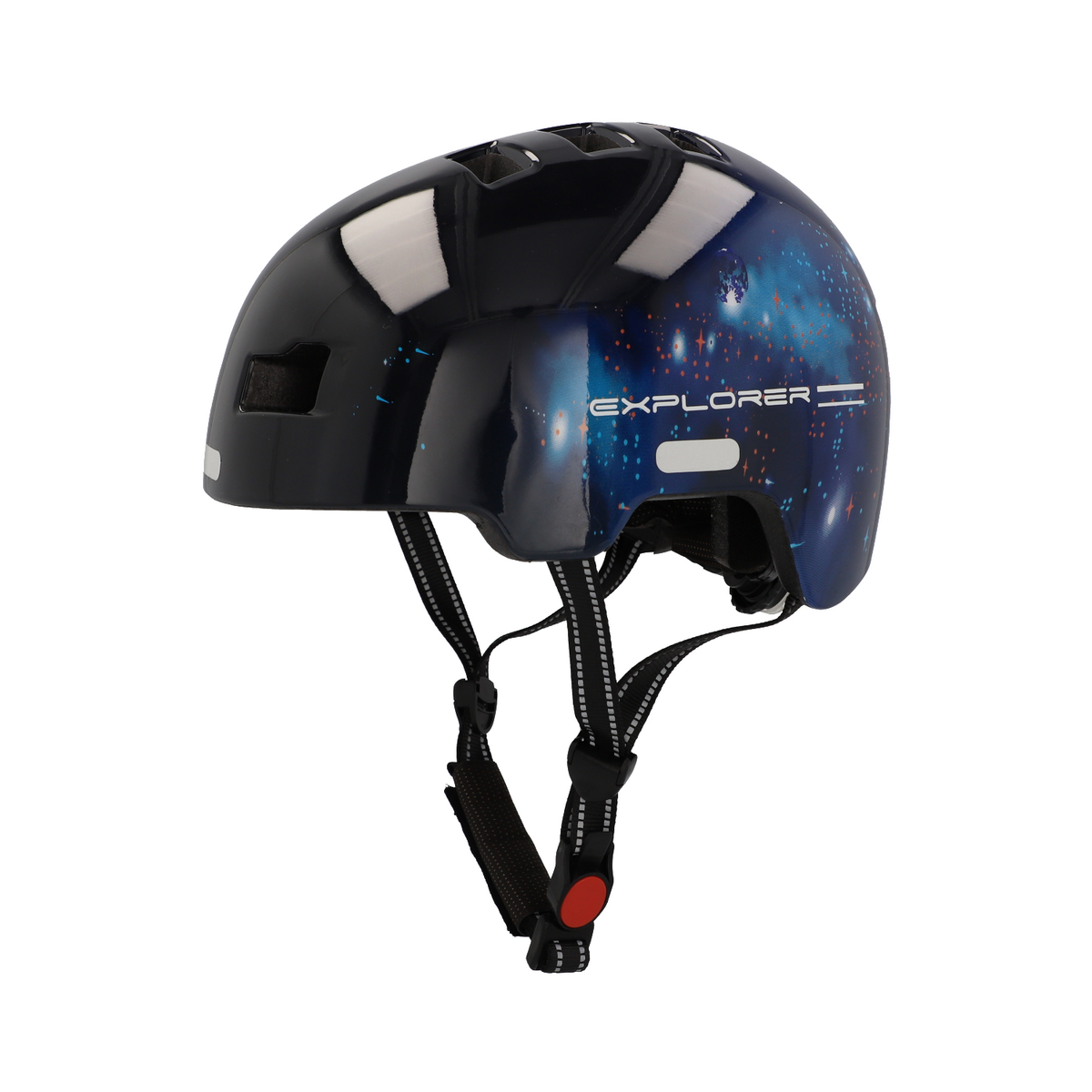 Ein schwarzer und blauer Fahrradhelm im Galaxiestil mit dem Wort EXPLORER.