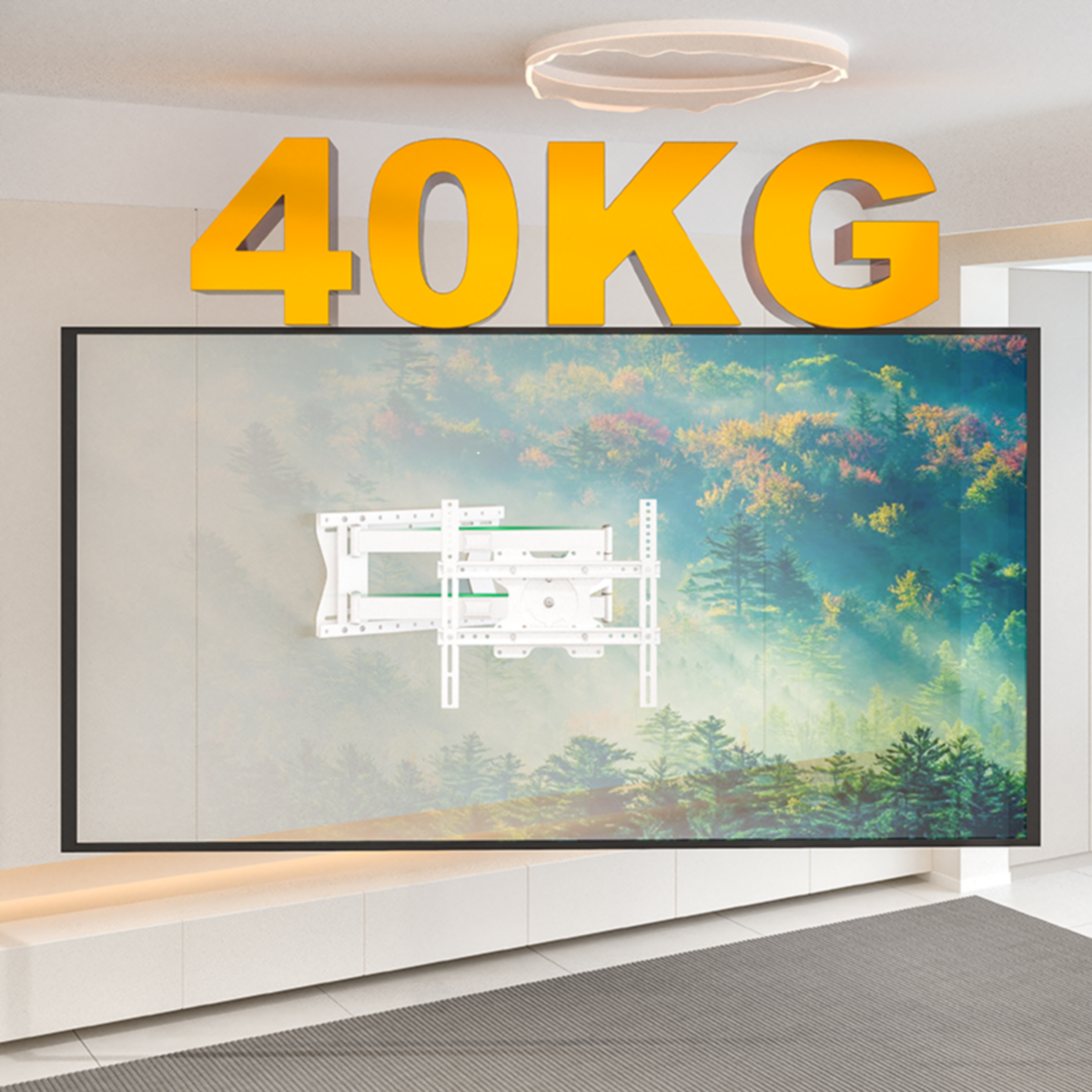 Een witte tv-beugel met een bosachtergrond en de tekst 40KG.