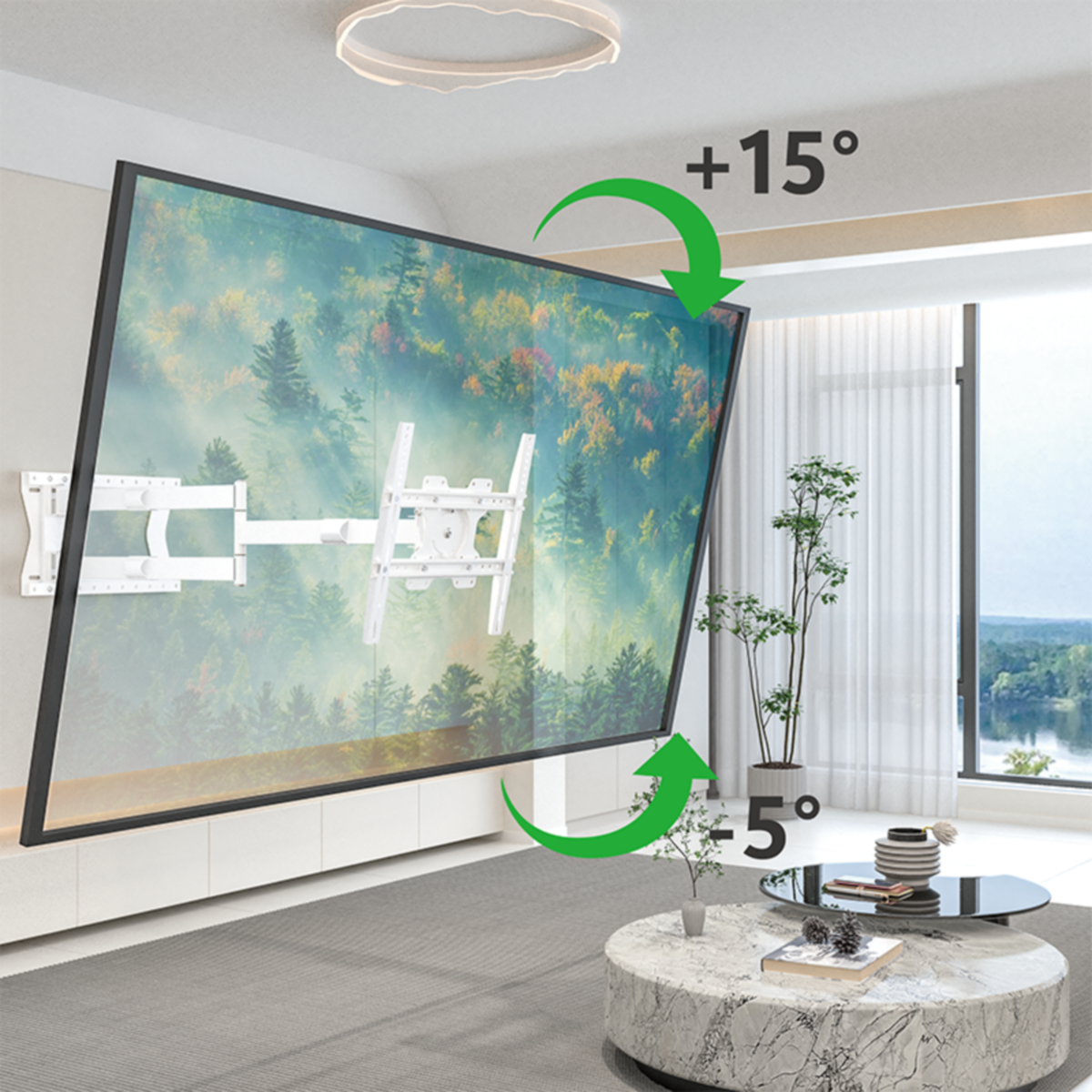Een grote tv aan de muur gemonteerd, met pijlen die het kantelbereik aangeven. Interieur met raam.