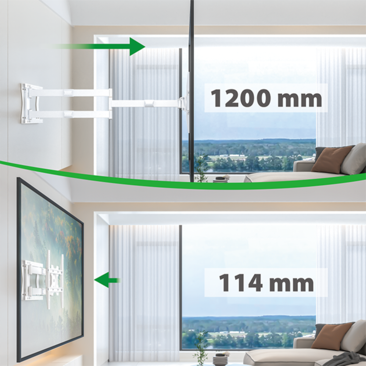 TV-bevestiging installatie: voor en na. Boven toont open ruimte, onder TV gemonteerd.