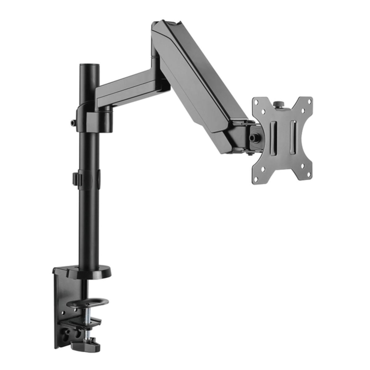 Bras de moniteur noir avec articulations réglables et une pince pour montage sur bureau, isolé sur blanc.