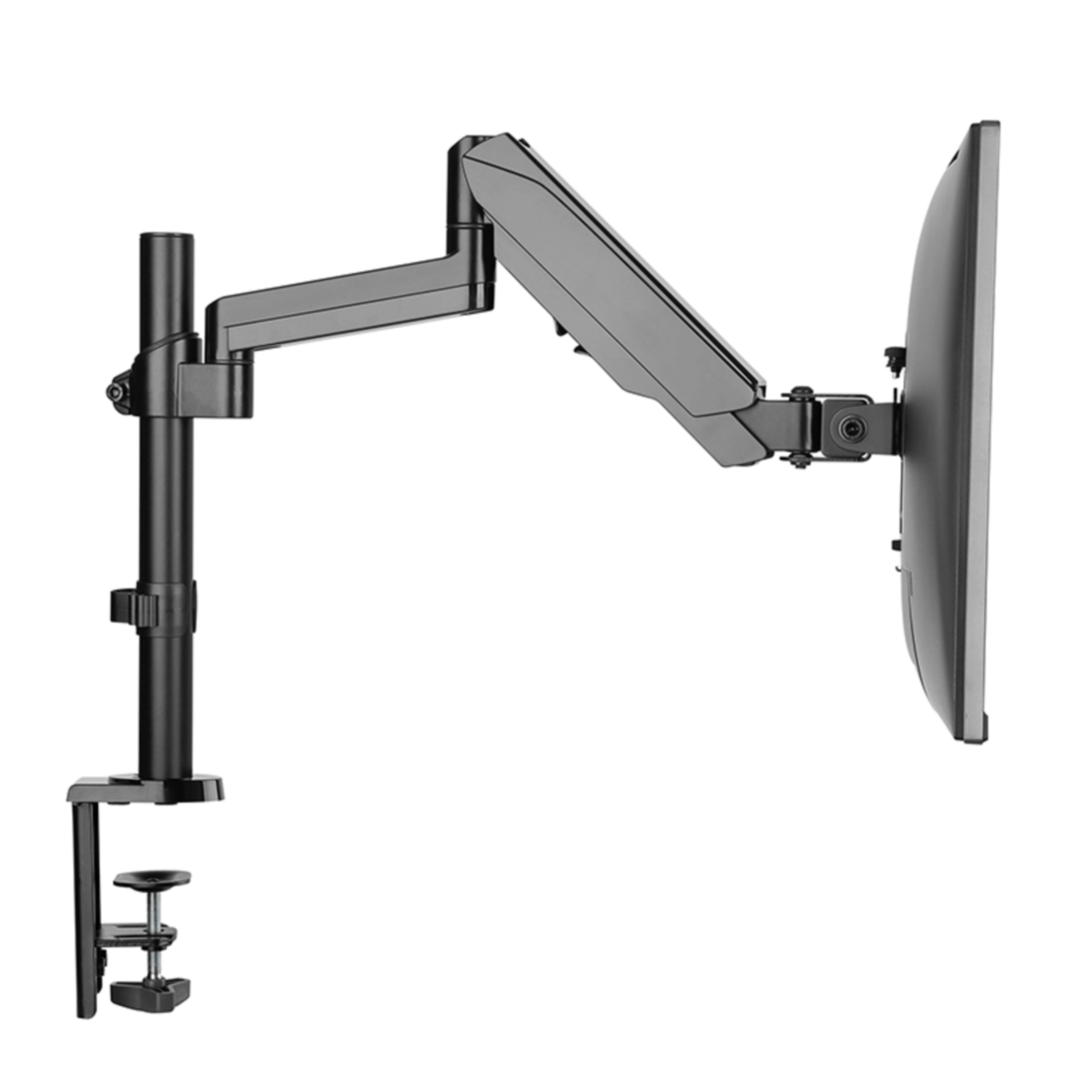 Bras de moniteur, noir, avec un moniteur attaché. Fond blanc.