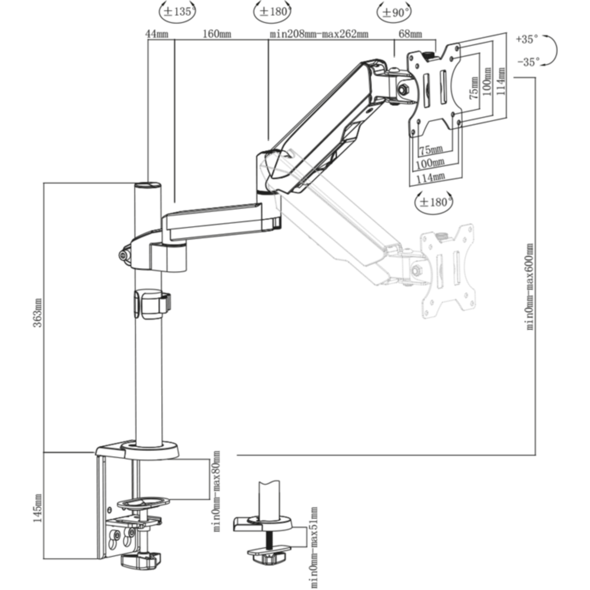 Diagramme d'un bras de moniteur avec mesures et angles, sur fond blanc.