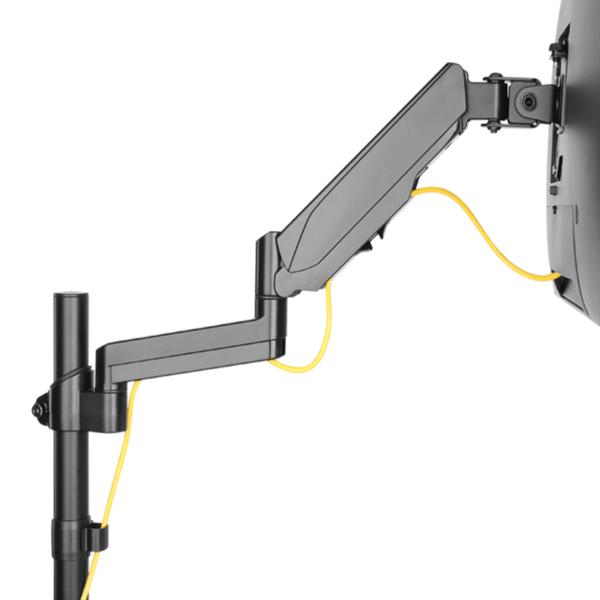 Bras de moniteur avec un câble jaune, connecté à un moniteur et un poteau.