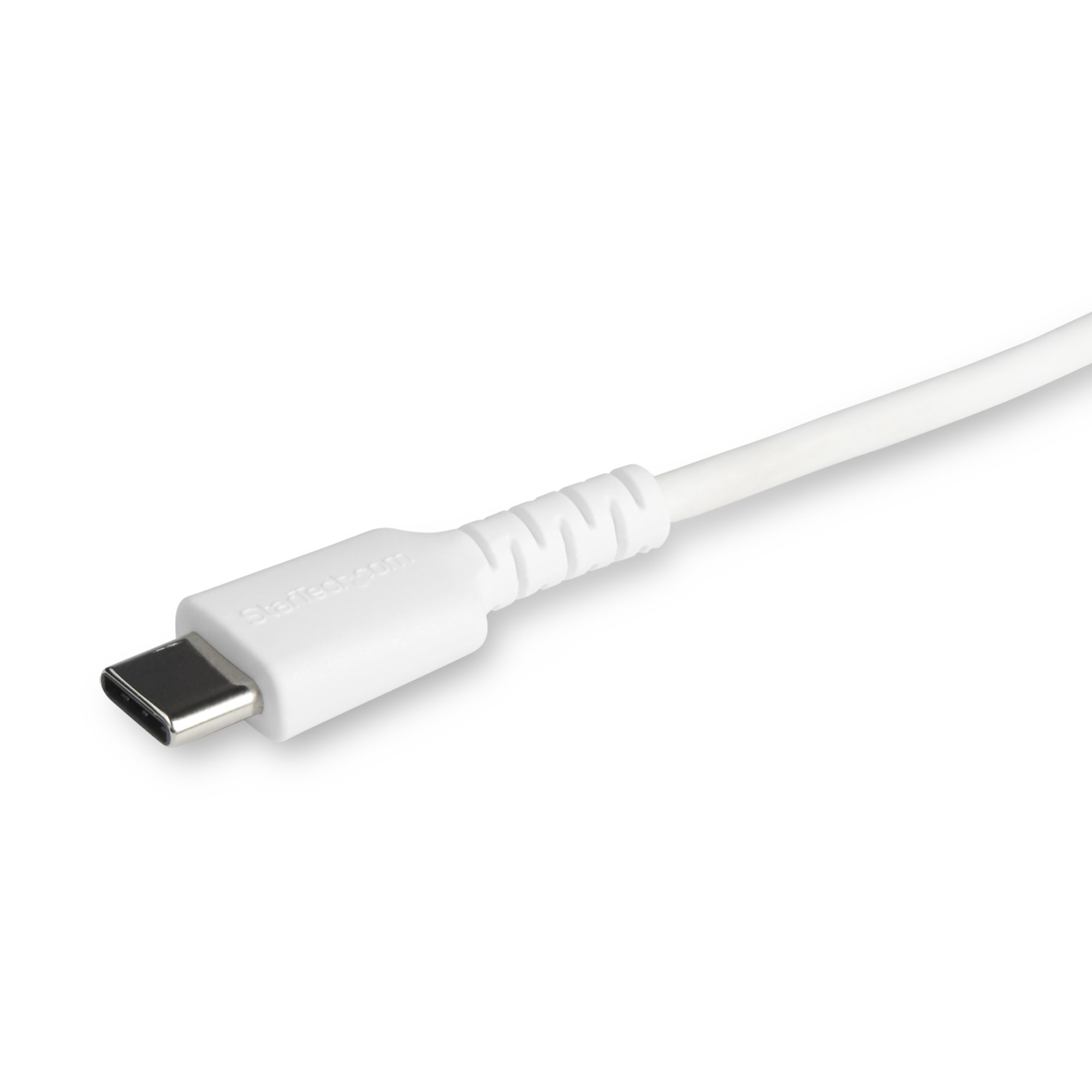 Primo piano di un cavo USB-C bianco con un connettore bianco.