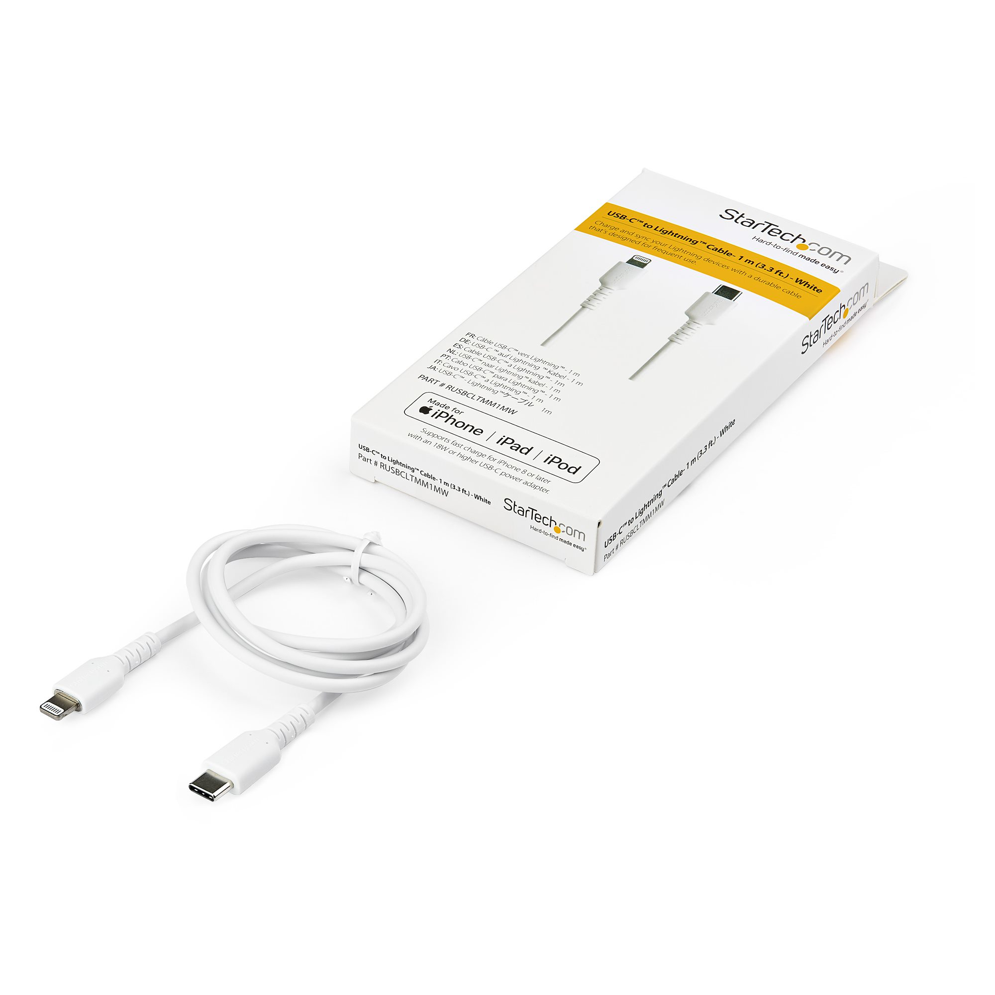 Cavo da USB-C a Lightning bianco con scatola bianca. La scatola ha dettagli stampati e il marchio.