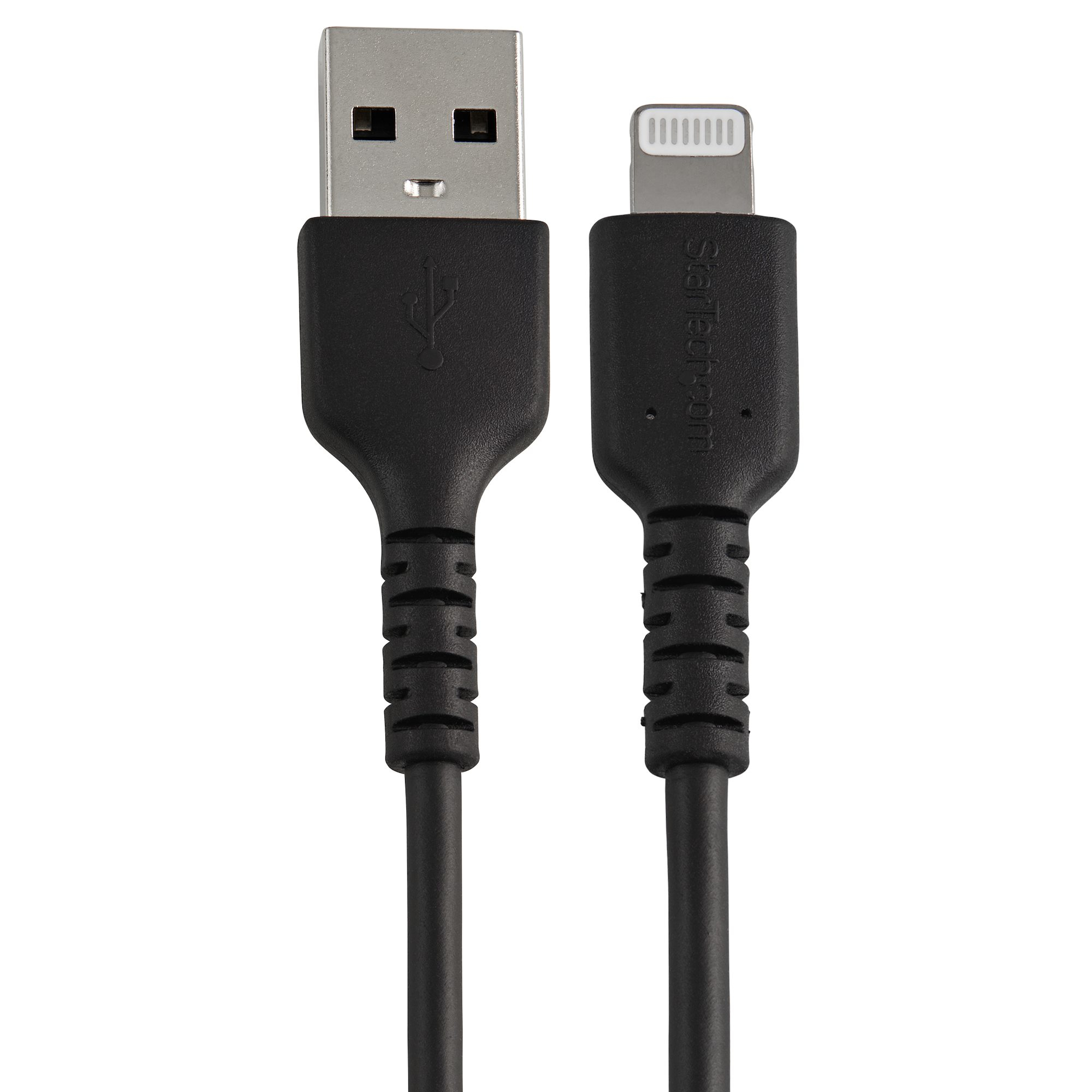 Cavo da USB a Lightning nero, connettori USB e Lightning visibili.