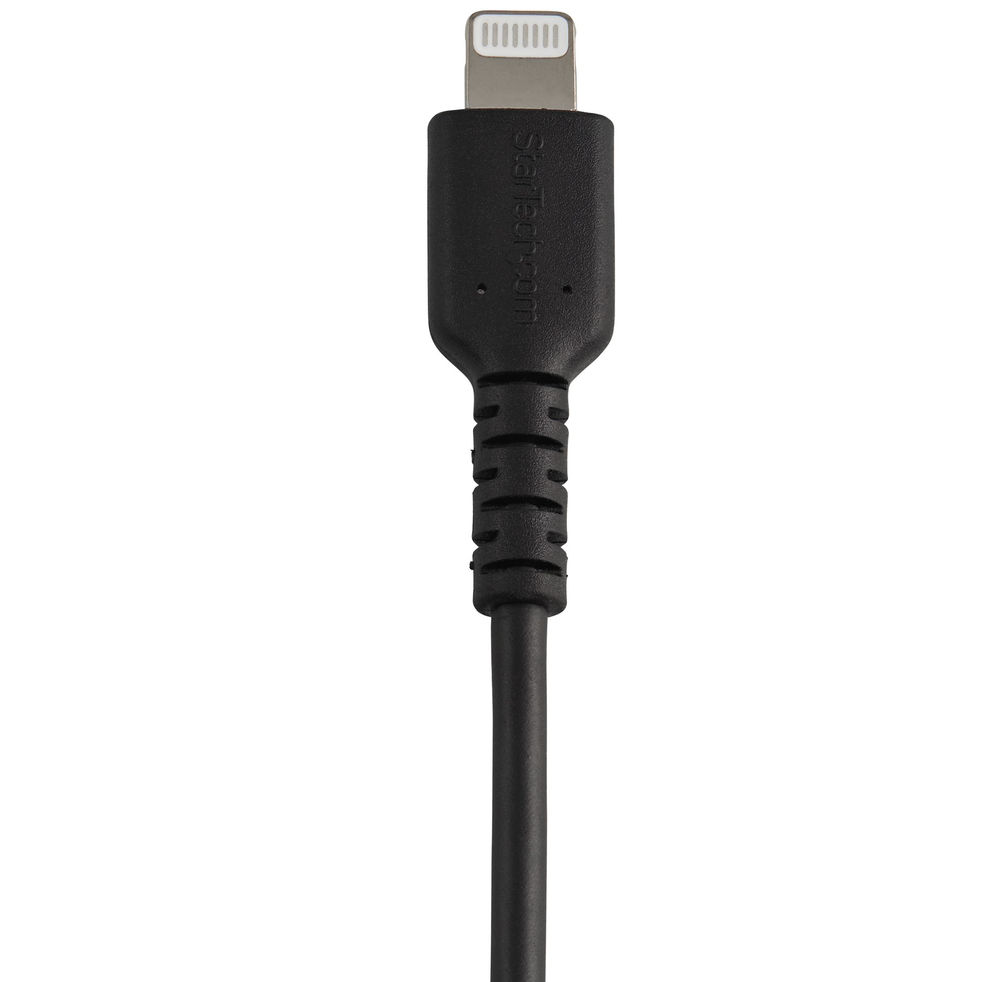 Un cavo Lightning nero con connettore Lightning e cavo nero, su sfondo bianco.