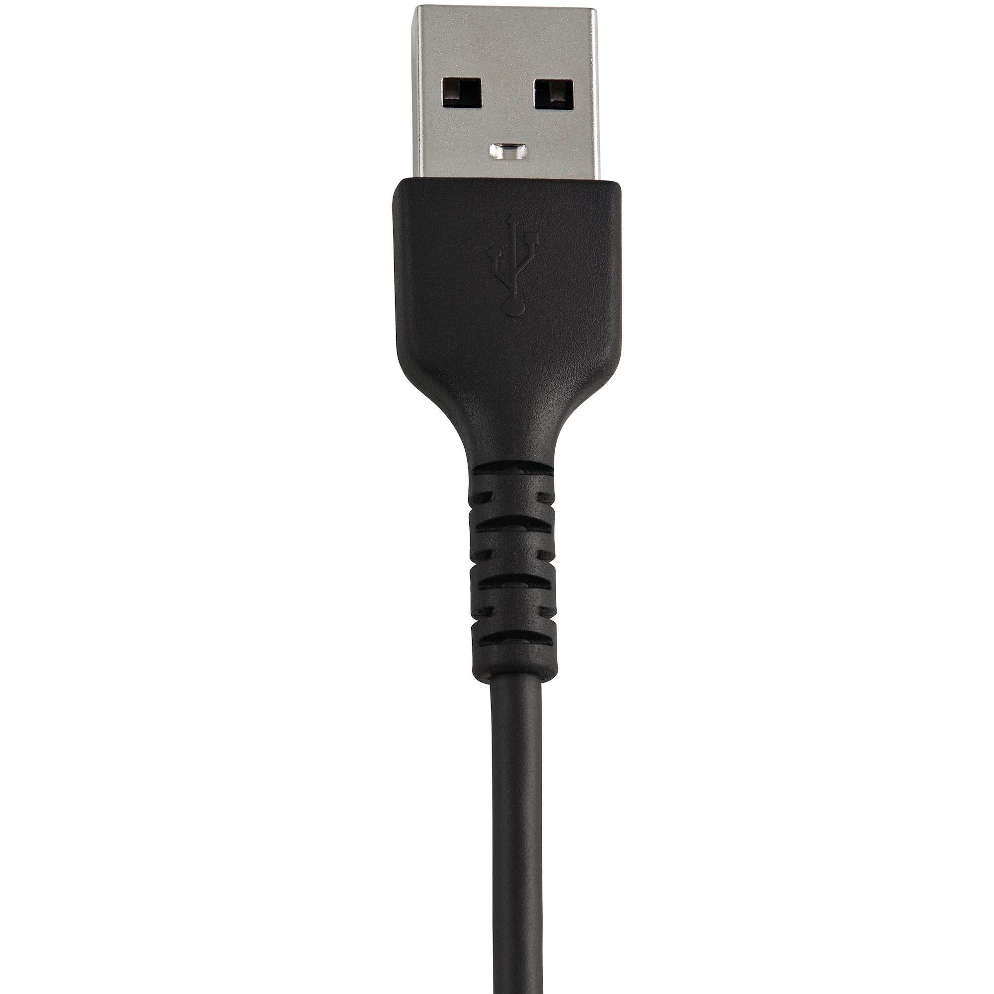 Cavo USB nero con connettore USB argentato su sfondo bianco.
