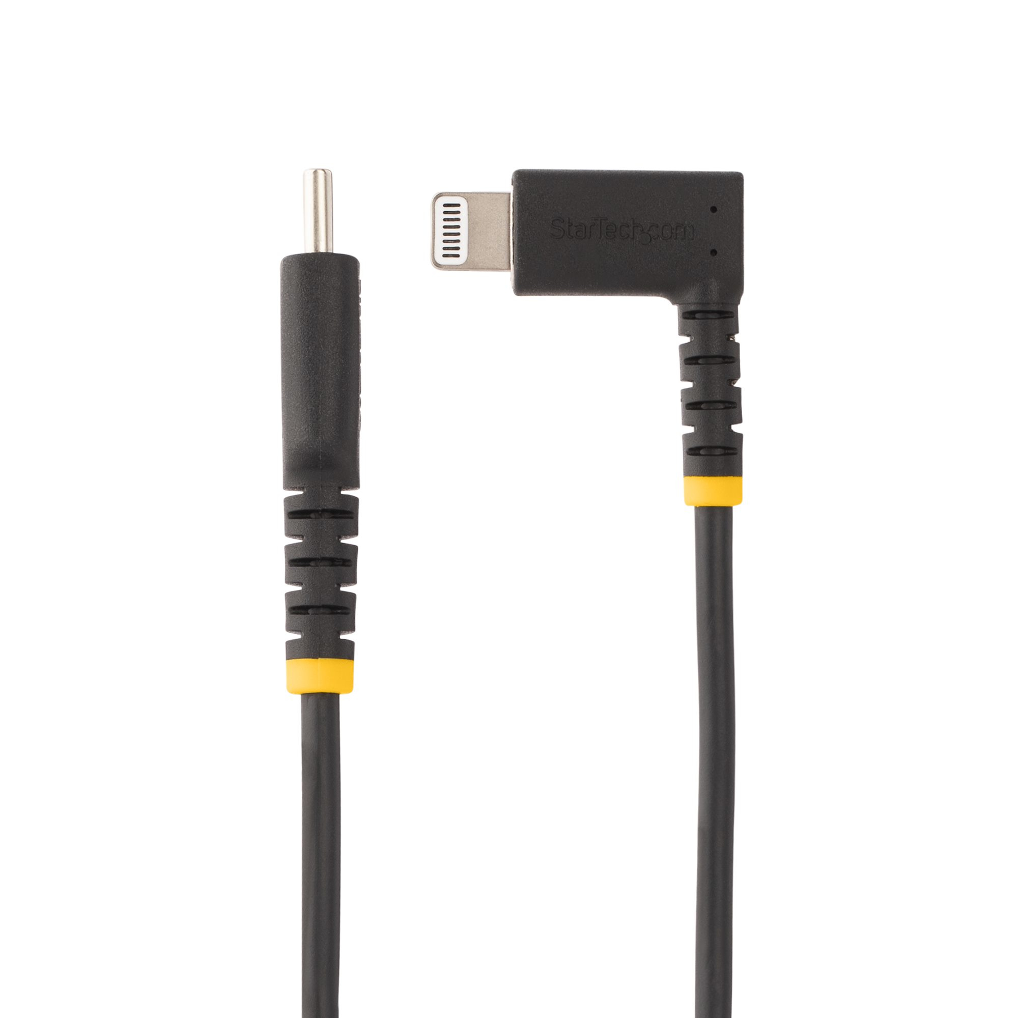 Un cavo nero con connettori. Uno è un connettore Lightning, l'altro un pin.