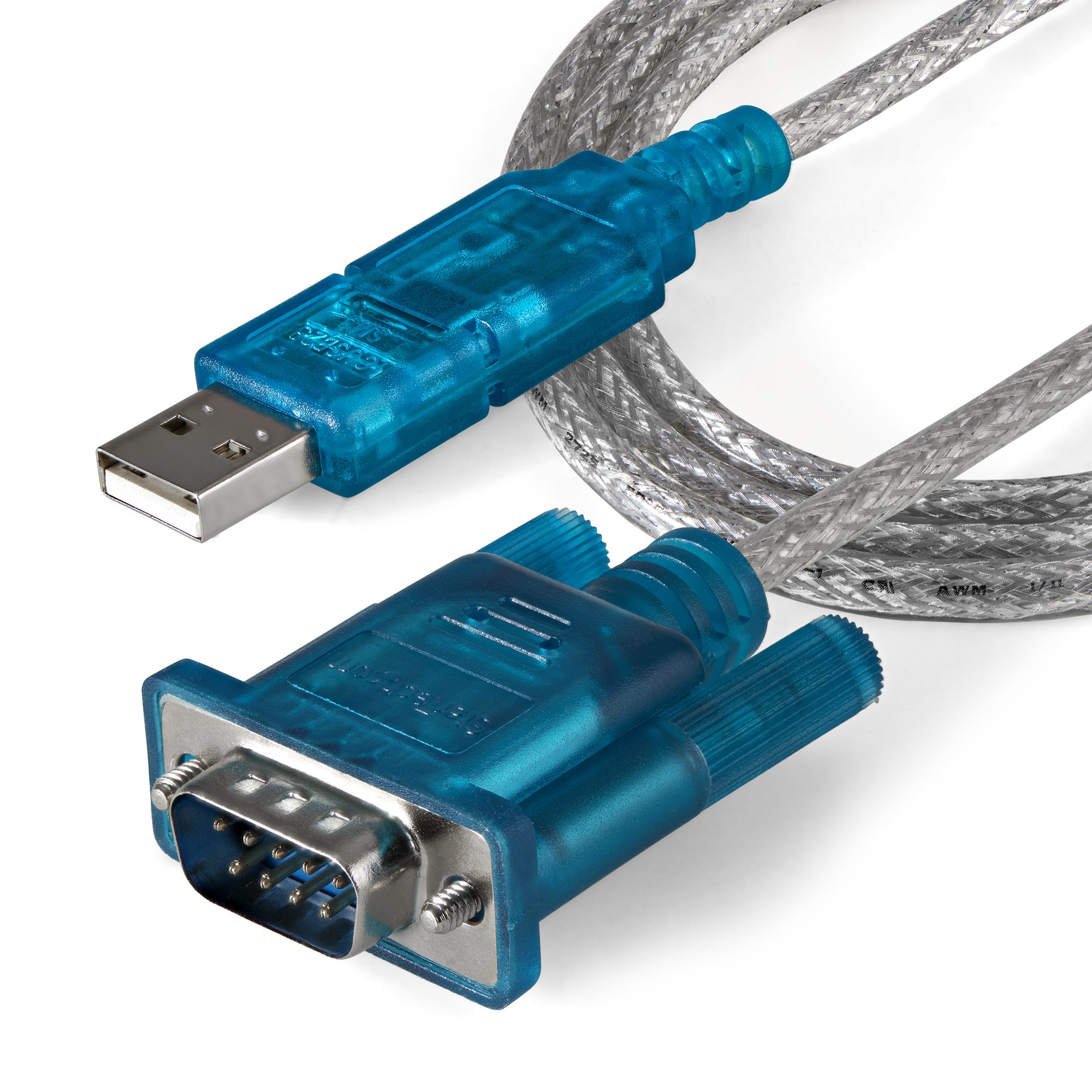 Cable azul de USB a serial con un conector USB y un conector de puerto serie.