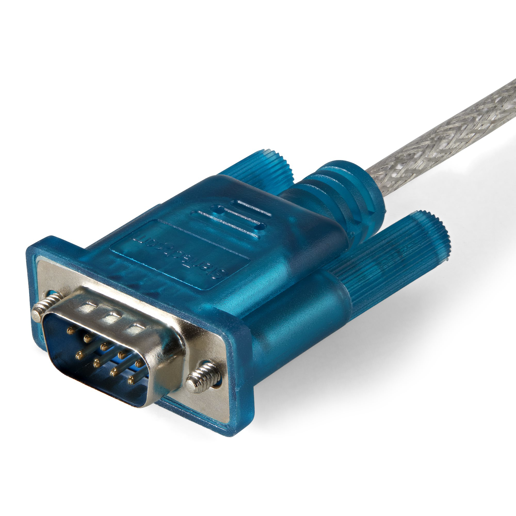Cable de puerto serie azul con conector de 9 pines.