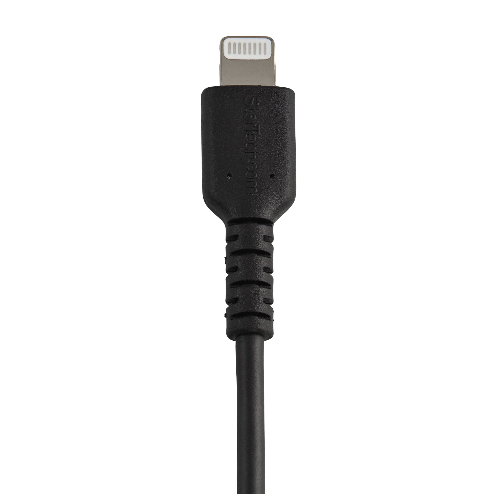Cavo Lightning nero Apple. Il connettore è argentato e il cavo è nero. Sfondo bianco.