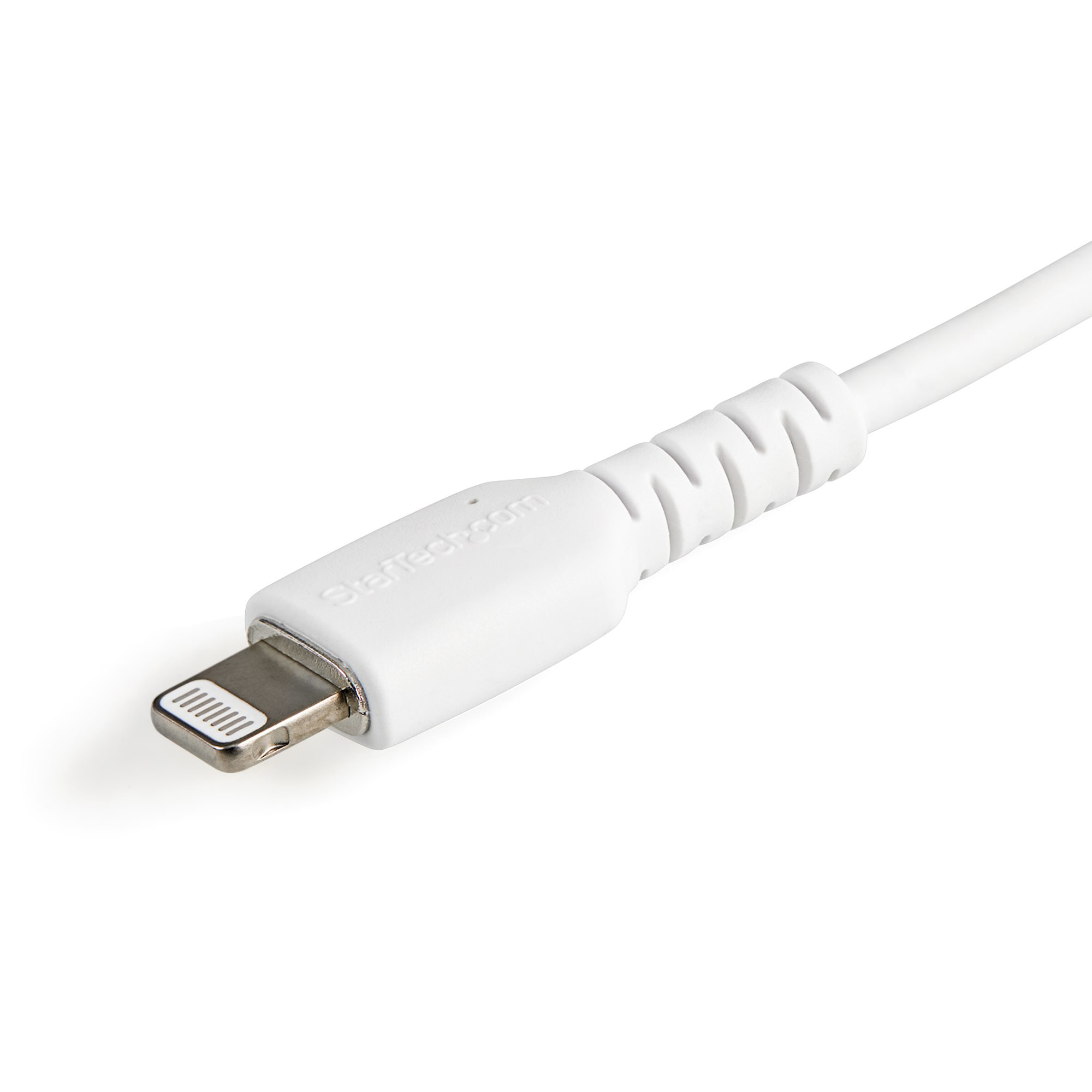 Cavo Lightning bianco con connettore argentato. Visibile il logo StarTech.com.