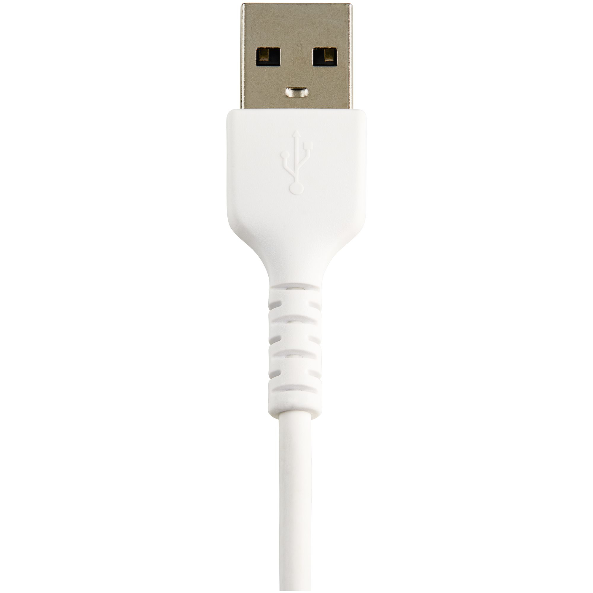 Un cavo USB bianco con un connettore bianco. Il simbolo USB è visibile su di esso.