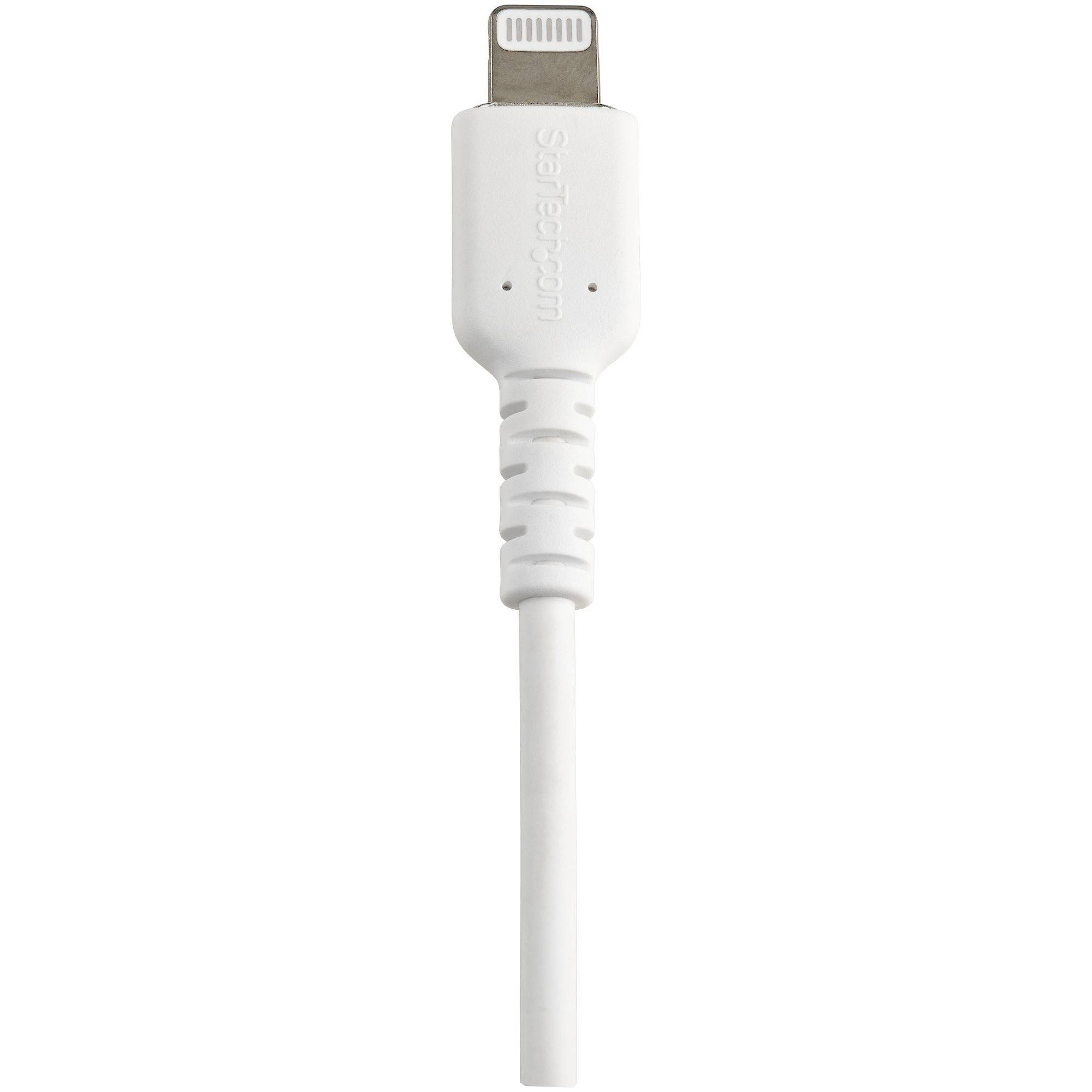 Cavo di ricarica bianco con connettore Lightning. Sfondo bianco.