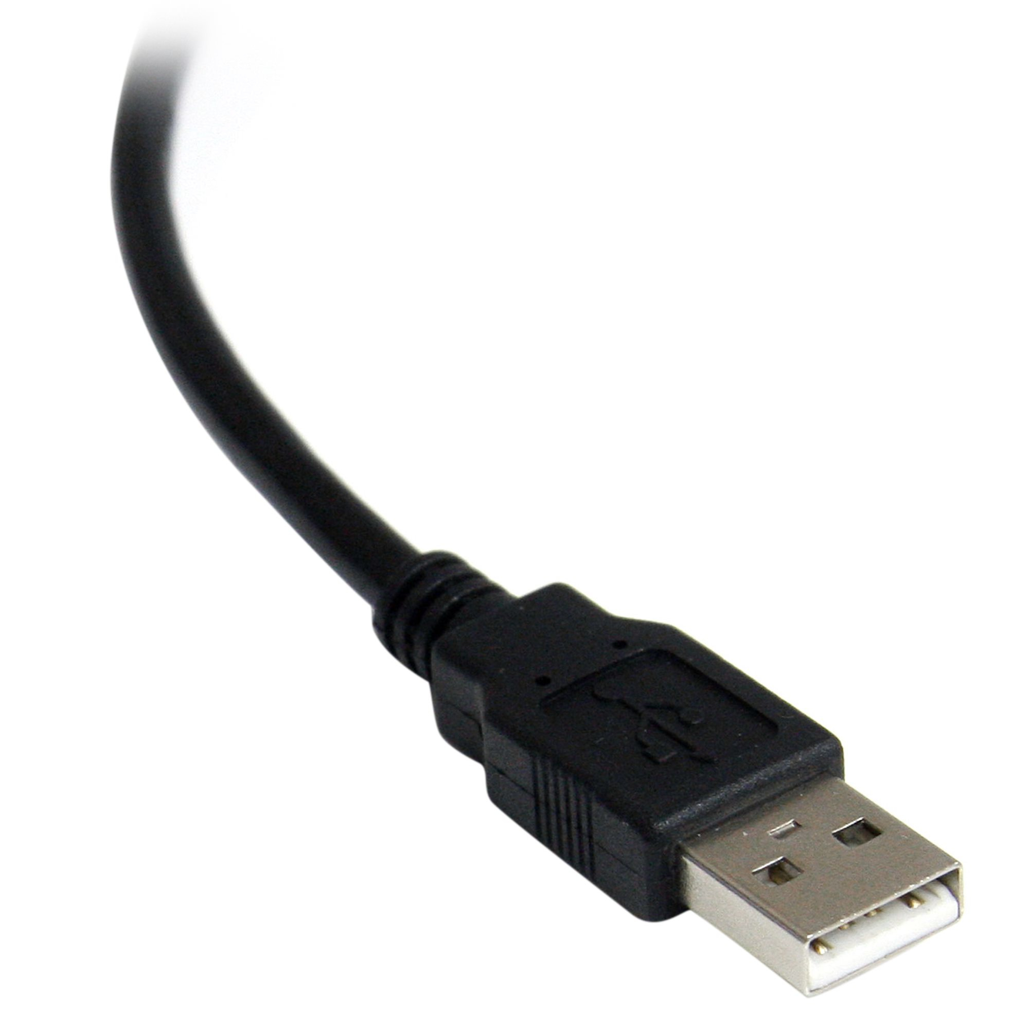 Cable USB negro con conector USB-A. El cable se curva hacia arriba y lejos del conector.