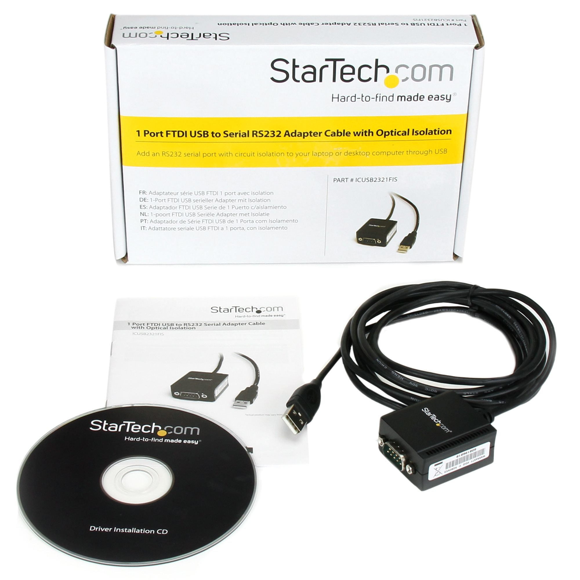 Cable adaptador StarTech con caja y CD. Fondo blanco.