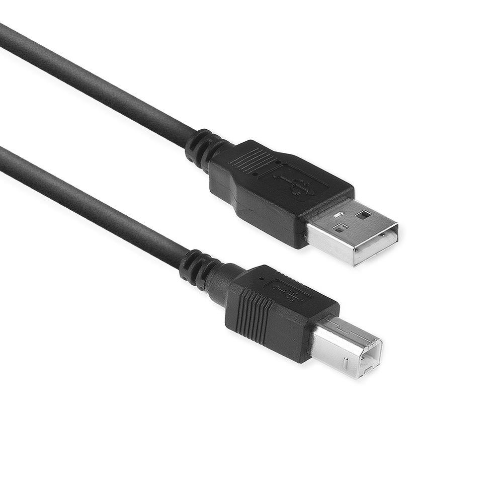 Deux câbles USB noirs avec connecteurs USB-A et USB-B. Ils sont posés sur un fond blanc.